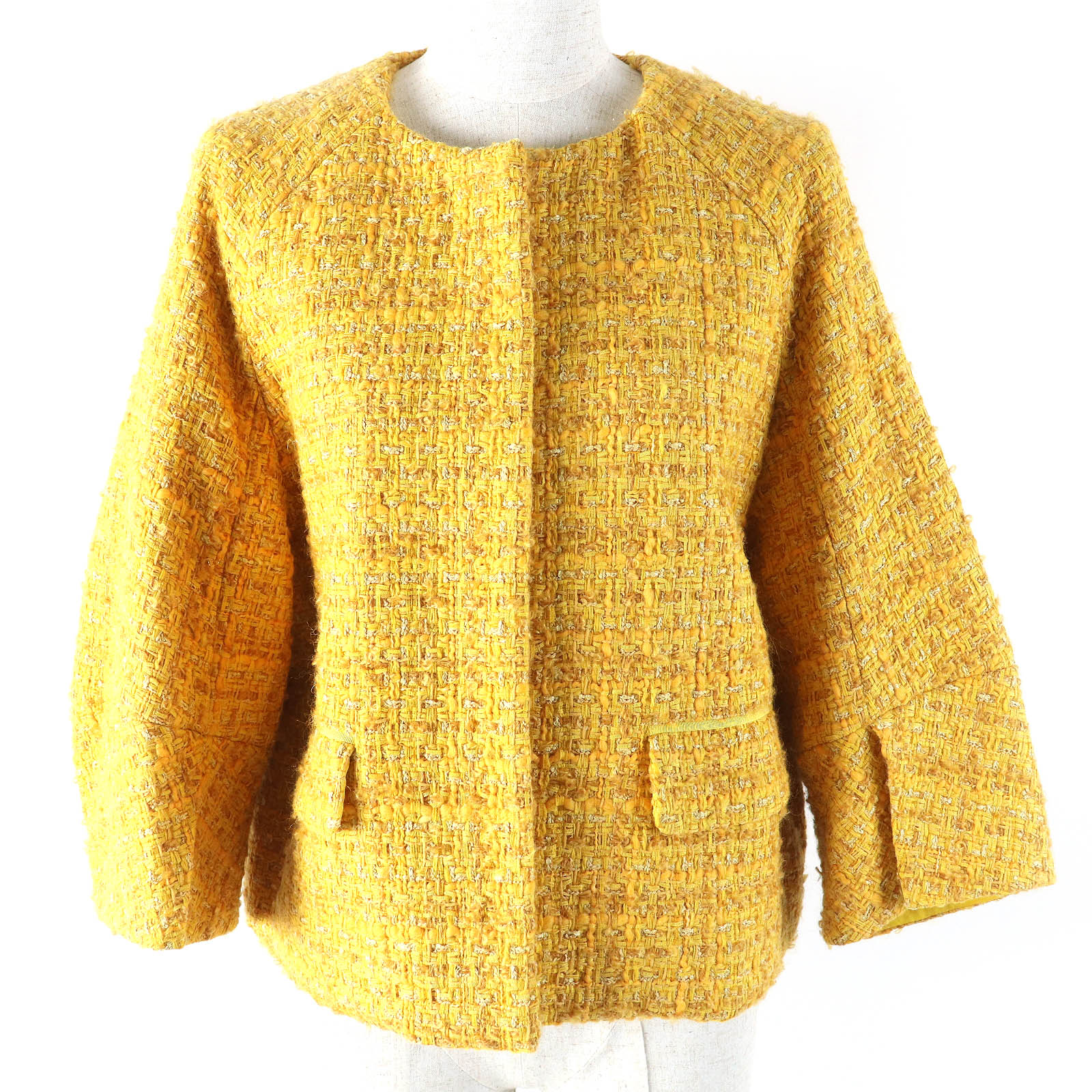 極美品△DRAWER ドゥロワー 6522-299-0563 ウール モヘア混 ファンシーツイード ラグランスリーブ 七分袖 ノーカラージャケット イエロー系 38 日本製 正規品 レディース オススメ◎【中古】