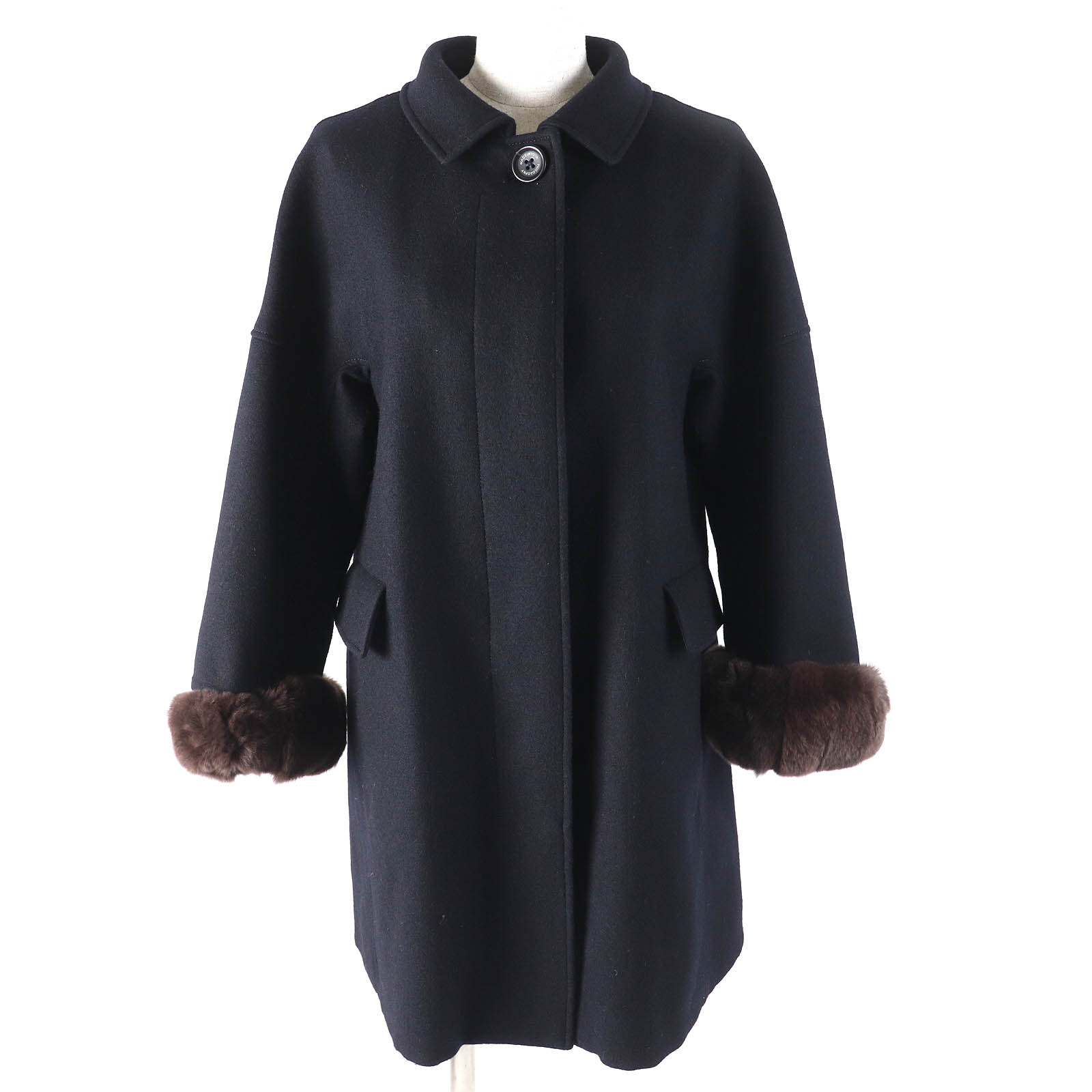 美品△MACKINTOSH PHILOSOPHY マッキントッシュフィロソフィー ウール100％ 袖口ラビットファー 裏地総柄デザイン ステンカラーコート ダークネイビー 38 日本製 正規品 レディース【中古】