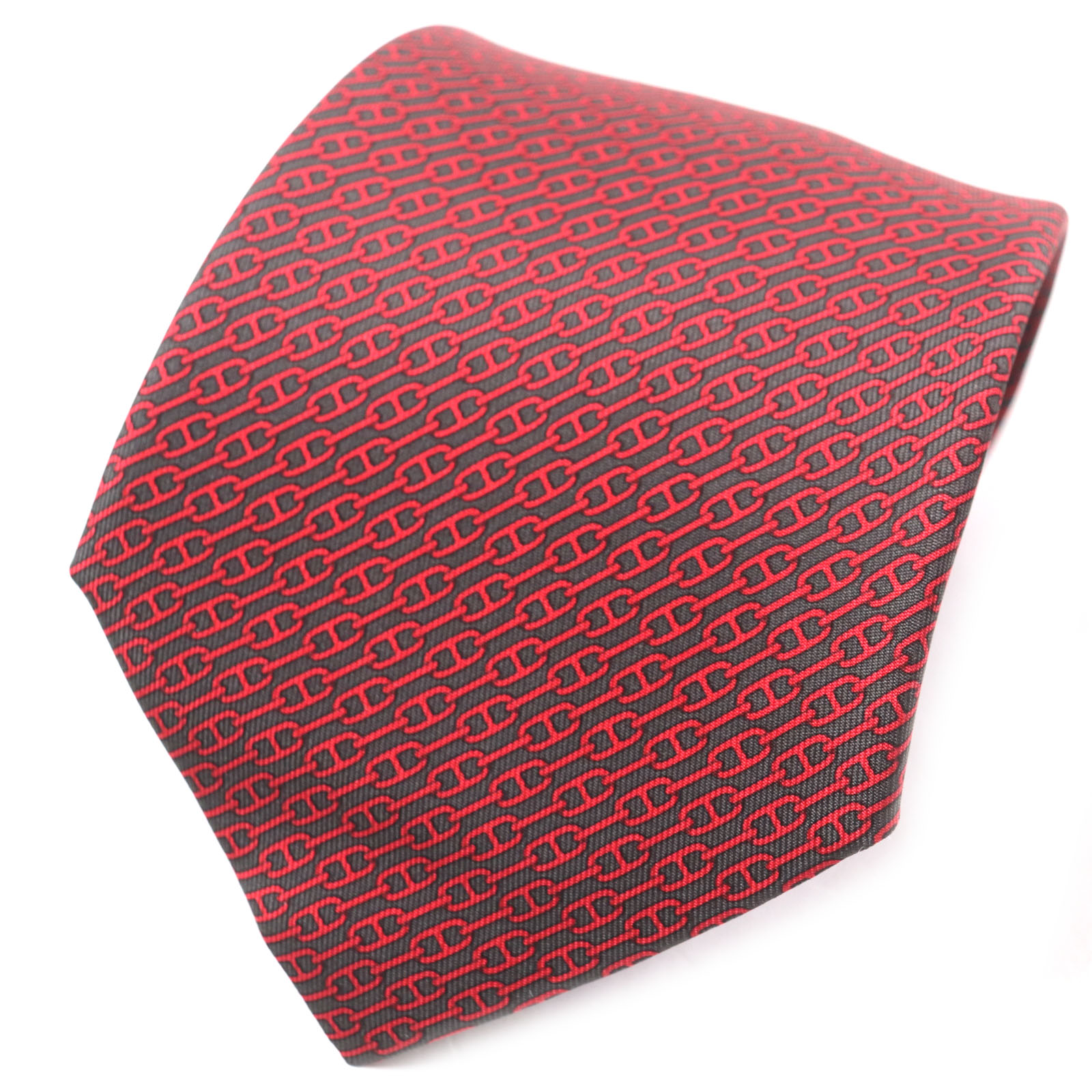 未使用品▼HERMES エルメス 5261 シルク100% ANTHRACITE/ROUGE クラヴァット シェーヌダンクル柄 ネクタイ フランス製 メンズ ビジネス◎【中古】