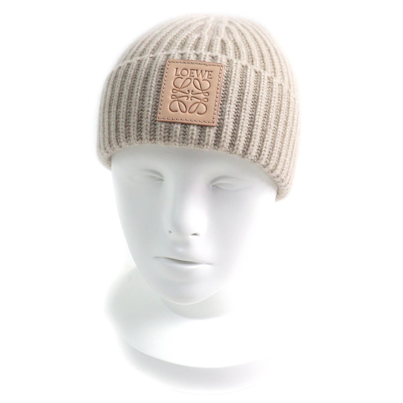 極美品△LOEWE ロエベ KSA9OT1X01 アナグラムロゴレザーワッペン カシミヤ100％ ビーニー ニット帽 ニットキャップ 現行品 ライトベージュ イタリア製 正規品 レディース 大人気 オススメ◎【中古】