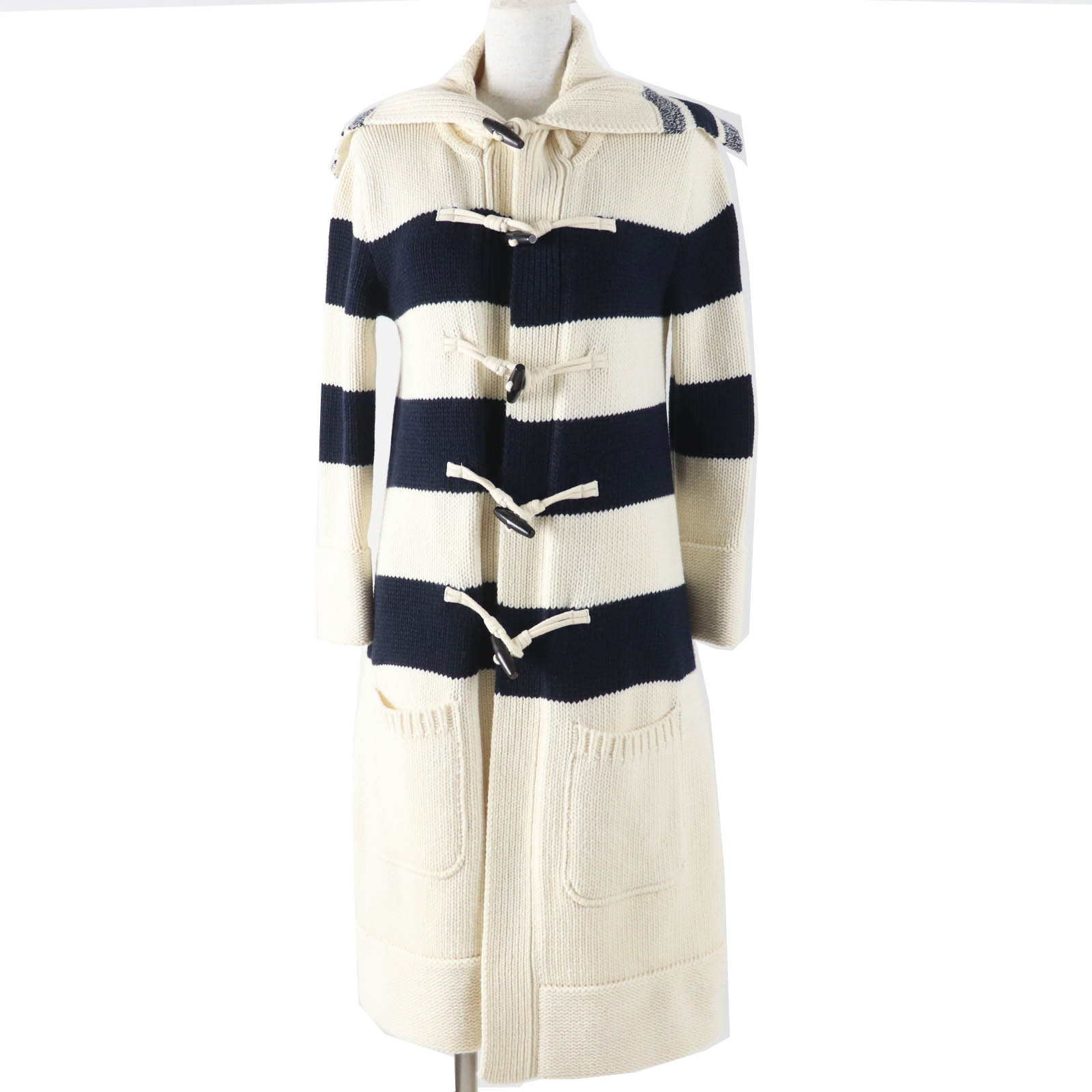 極美品◎Christian Dior クリスチャンディオール 21AW 144M01AM318 ウール カシミヤ混 ディオールマリニエールモチーフ ロゴトグルボタン セーラーカラー テクニカル ロゴ刺繍 ニット コート アイボリー ネイビー 38 イタリア製 正規品 レディース【中古】