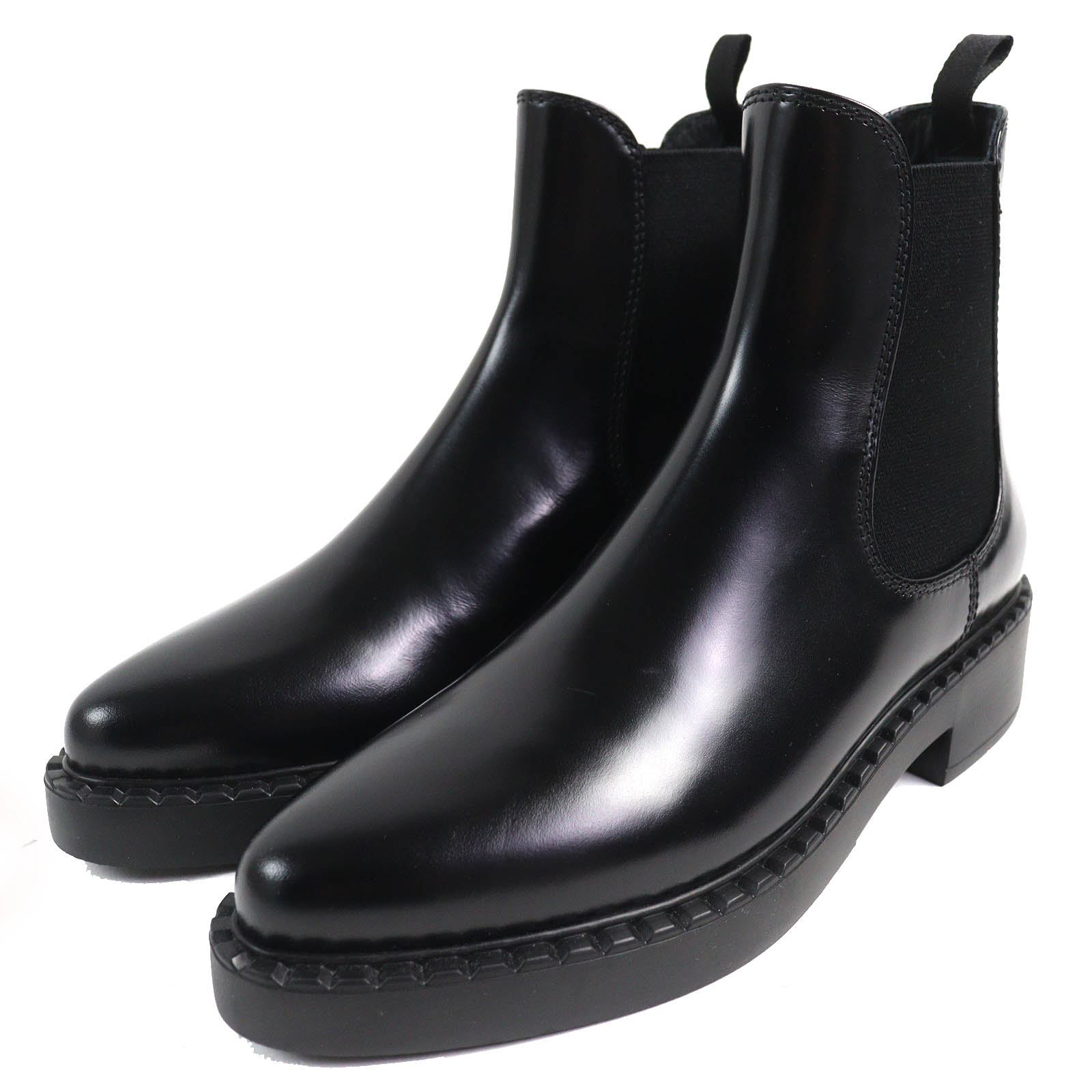 未使用品△PRADA プラダ チョコレート サイドゴア ブラッシュドレザー チェルシーブーツ ショートブーツ ブラック 37.5 箱・保存袋付き レディース 大人気 オススメ◎【中古】