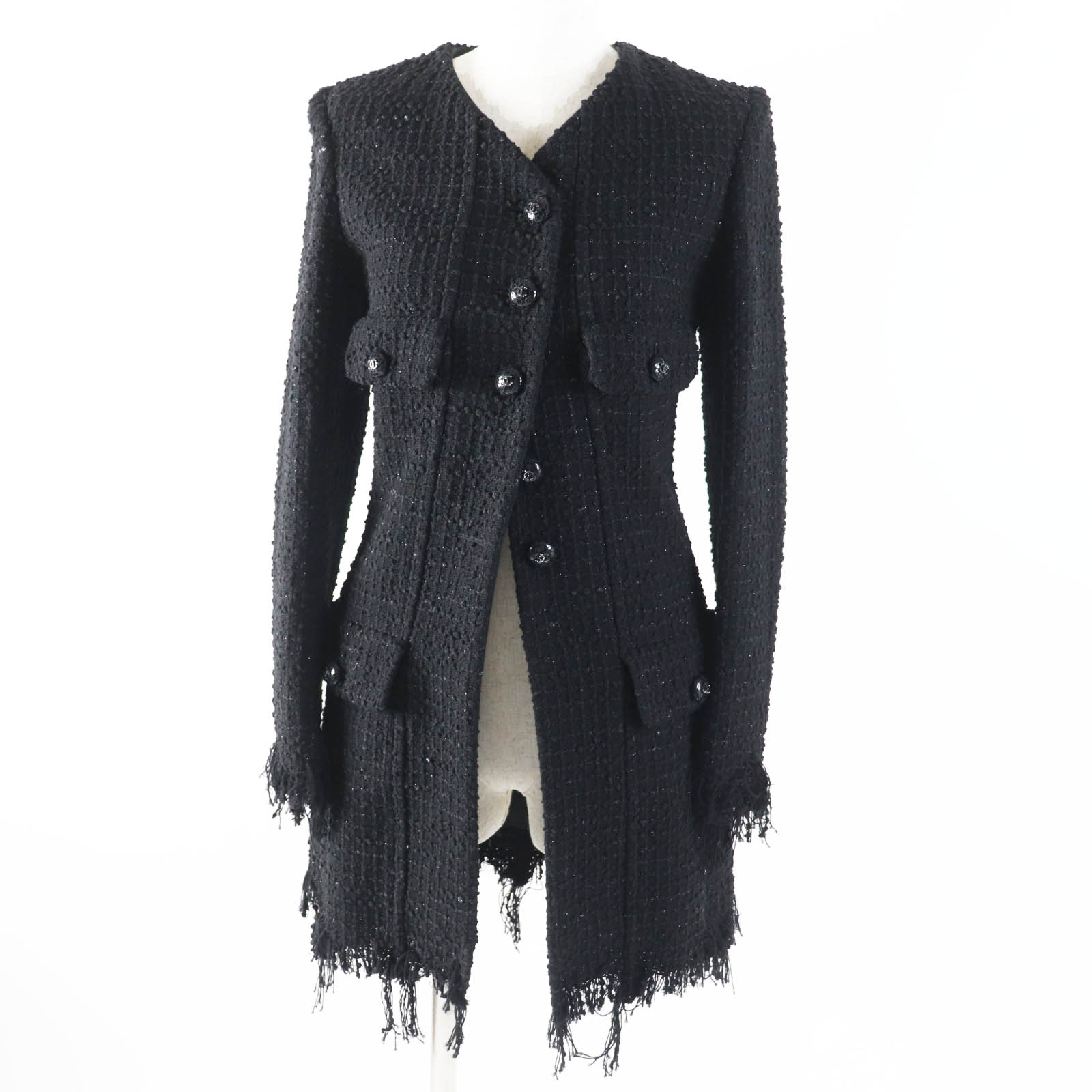 極美品◎CHANEL シャネル 22C P71826 ランウェイ着 ラインストーンココボタン イリディッセントツイード コート ブラック ラメ 34 フランス製 正規品 レディース【中古】