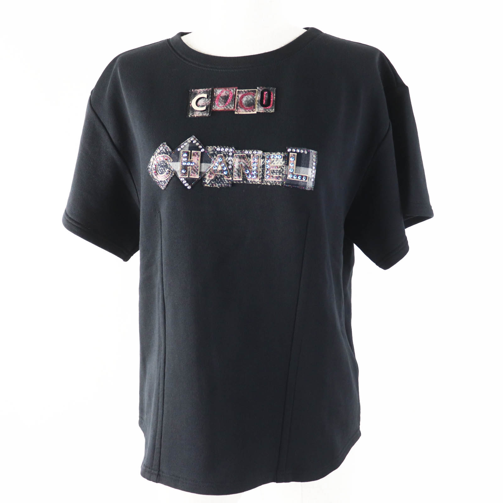 極美品◎CHANEL シャネル 21B P71283 コットン100％ COCOパッチ ラインストーン付き 半袖Tシャツ ブラック マルチ 40 保存袋付き イタリア製 正規品 レディース【中古】