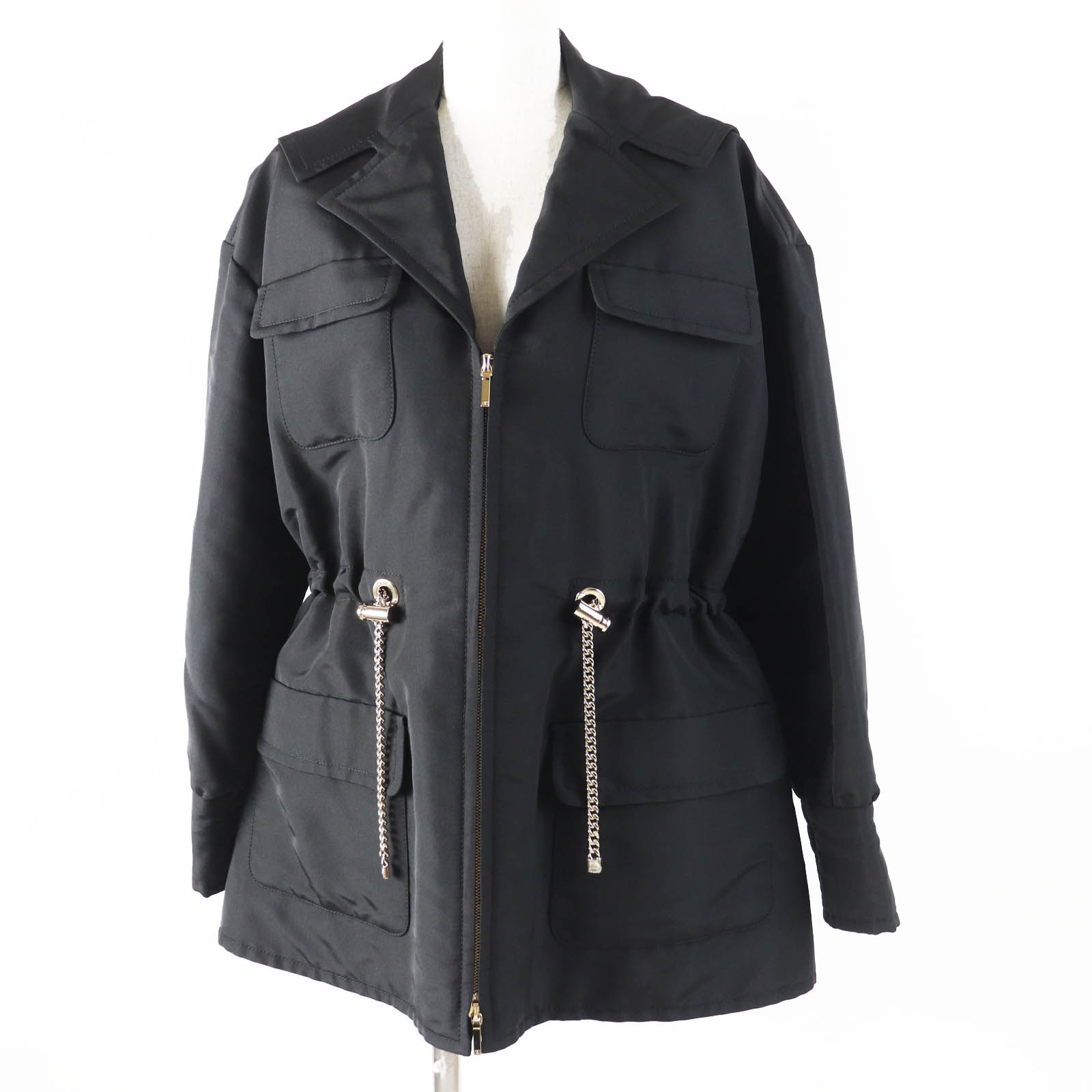 極美品◎CHANEL シャネル 23B P75490 シルク100％ ココマークチェーンデザイン ジップアップ パーカー／ジャケット ブラック ゴールド金具 34 イタリア製 正規品 レディース【中古】