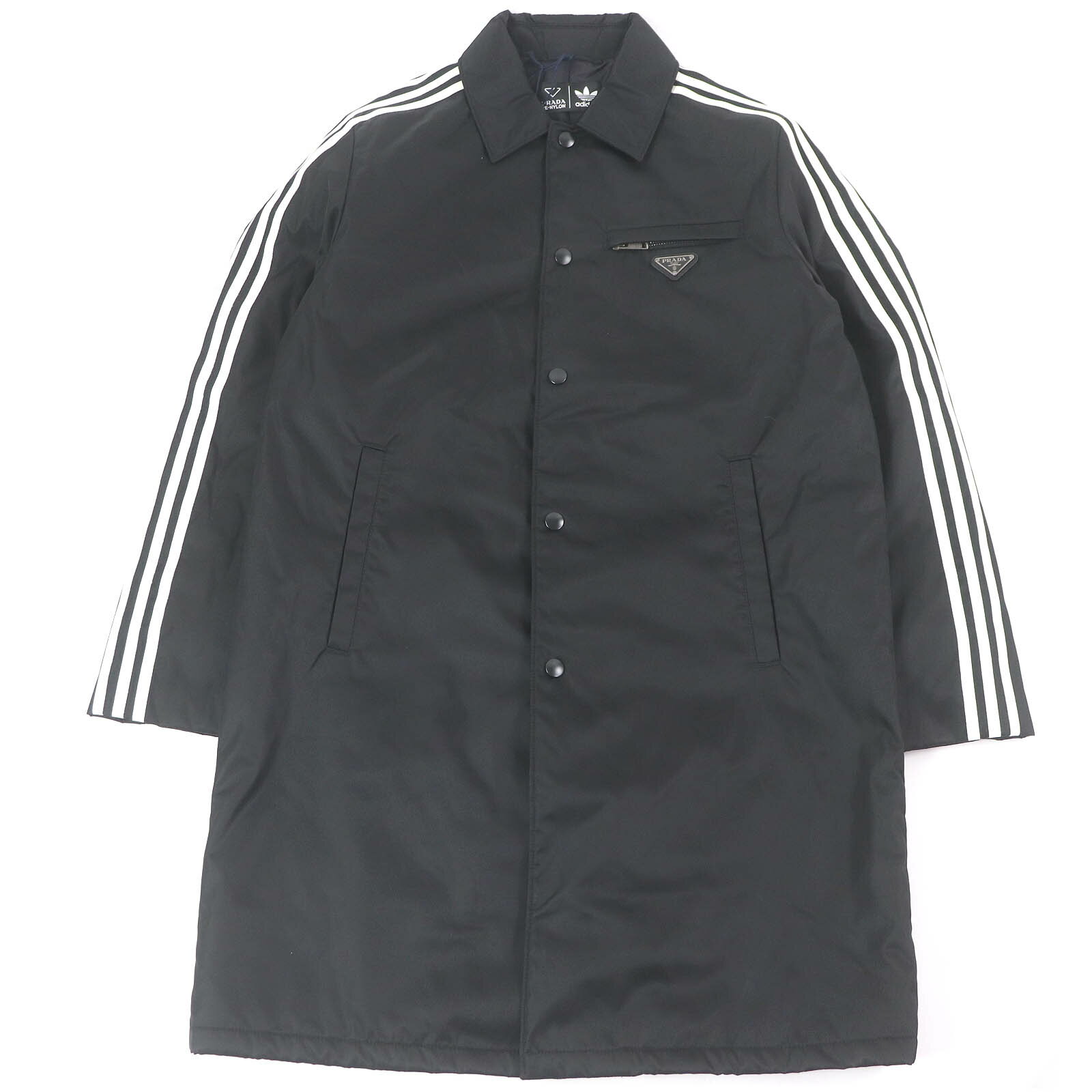未使用品□PRADA adidas プラダ アディダス 21AW SGB937 スリーストライプス トライアングルロゴ RE-NYLON 中綿入り カーコート ブラック 46 ハンガー・ガーメント付き イタリア製 正規品 メンズ【中古】