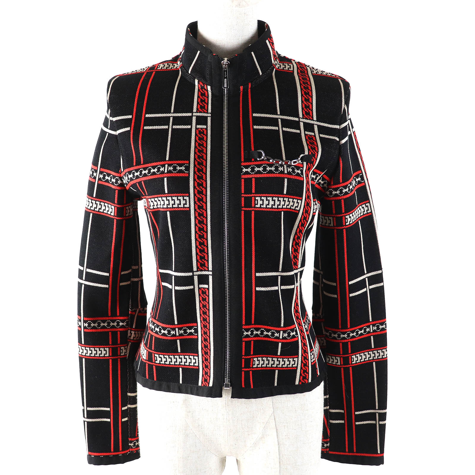 未使用品△HERMES エルメス 2023年製 3H4209DC Tartan et Chaines コットン100％ レーサージャケット ZIPUP ニット ジャケット ブラック オレンジ系 36 フランス製 正規品 レディース 大人気 オススメ◎【中古】