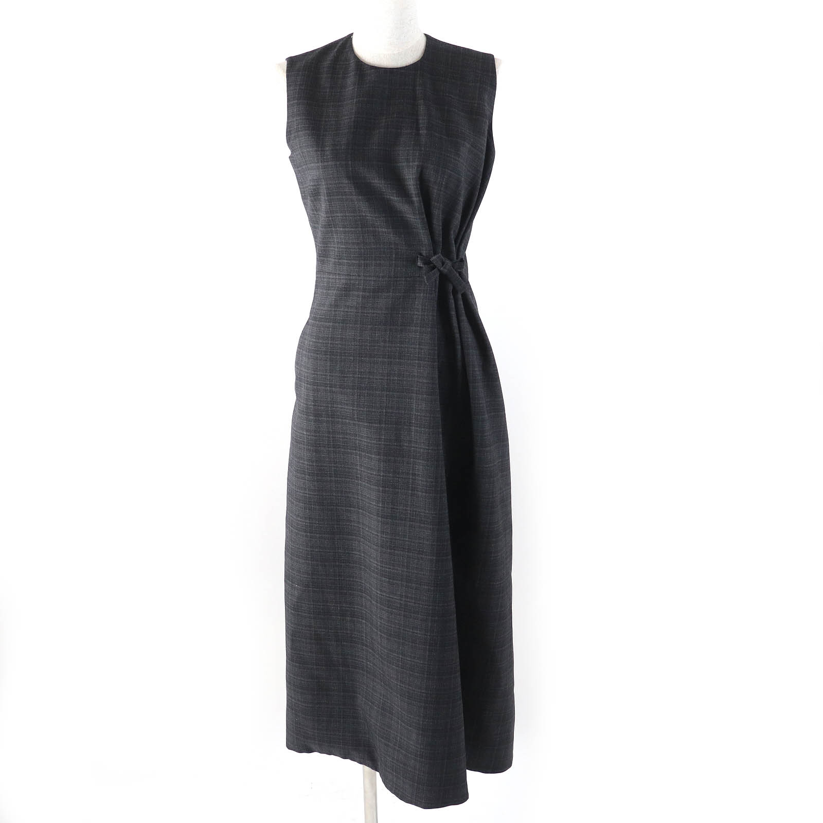 極美品△Christian Dior クリスチャンディオール 2023年製 341R30A1518 ウール100％ リボン付き チェック ノースリーブ ロング ワンピース 裏地シルク100％ ダークグレー系 38 フランス製 正規品 レディース オススメ◎【中古】