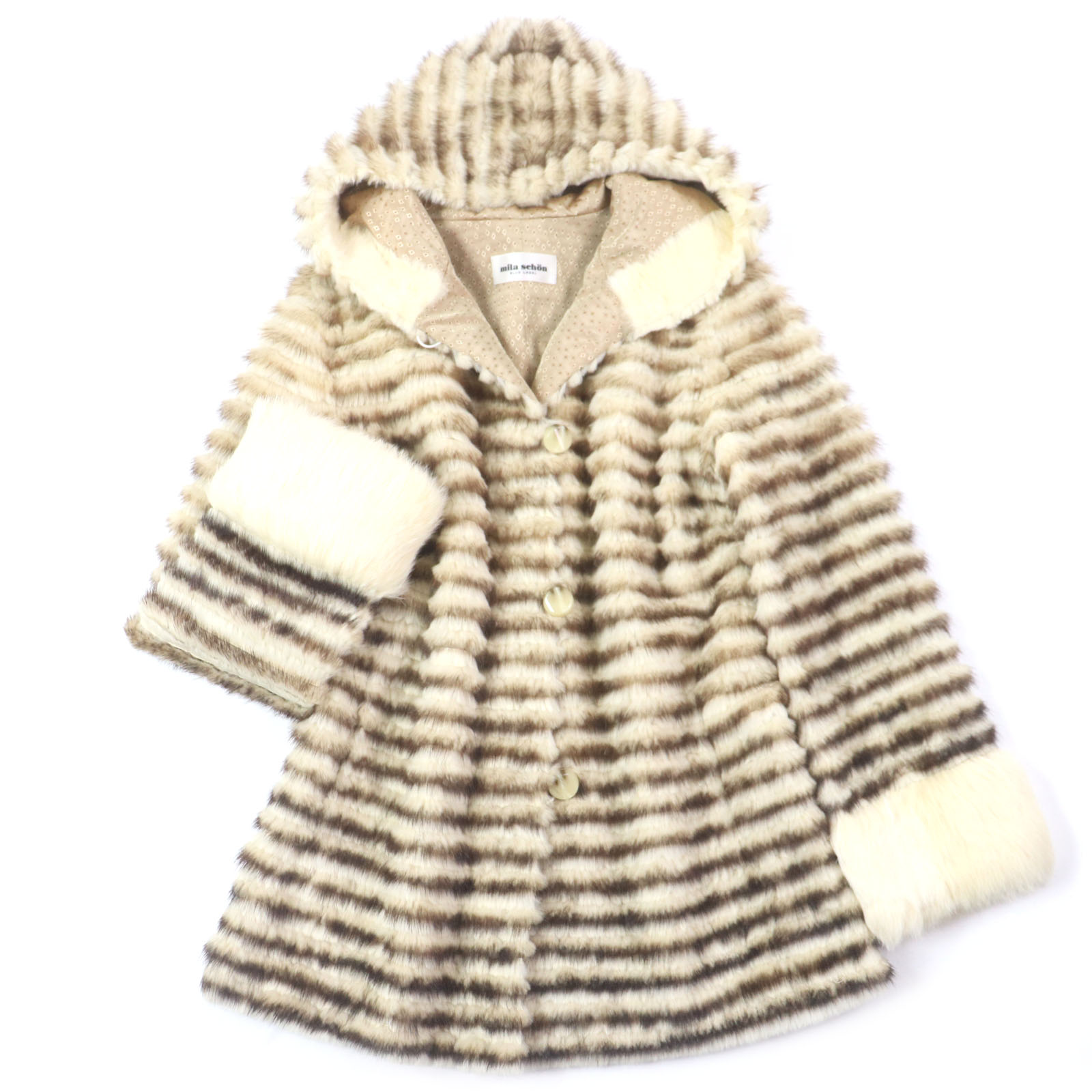 極美品▼mila schon ミラショーン ミンク ラビット MINK フード付き 本毛皮コート ベージュ ブラウン M レディース 毛質柔らか◎【中古】