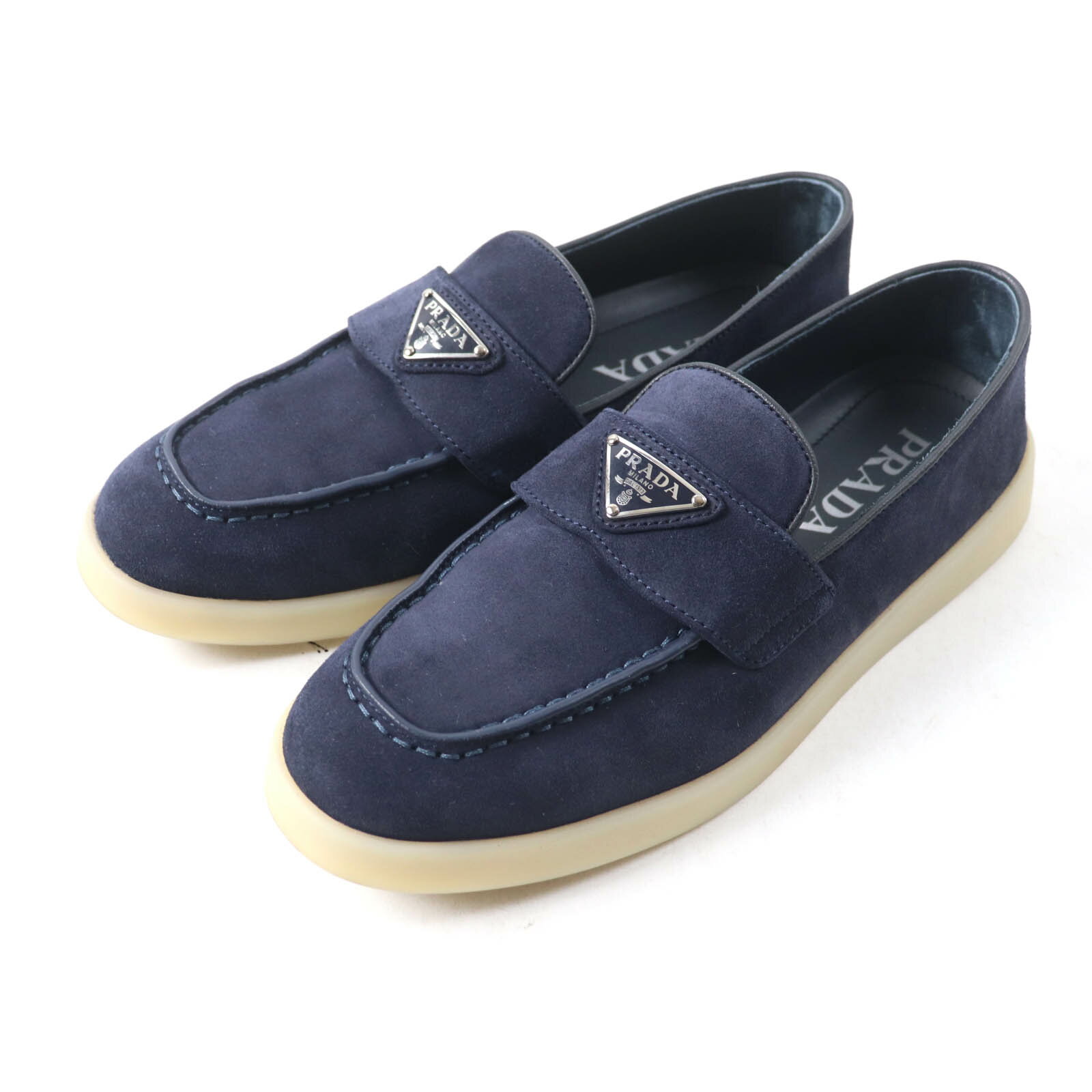 極美品★PRADA プラダ 1D222N トライアングルロゴ スウェードレザー ローファー ネイビー 35.5 箱・保存袋付き イタリア製 レディース【中古】