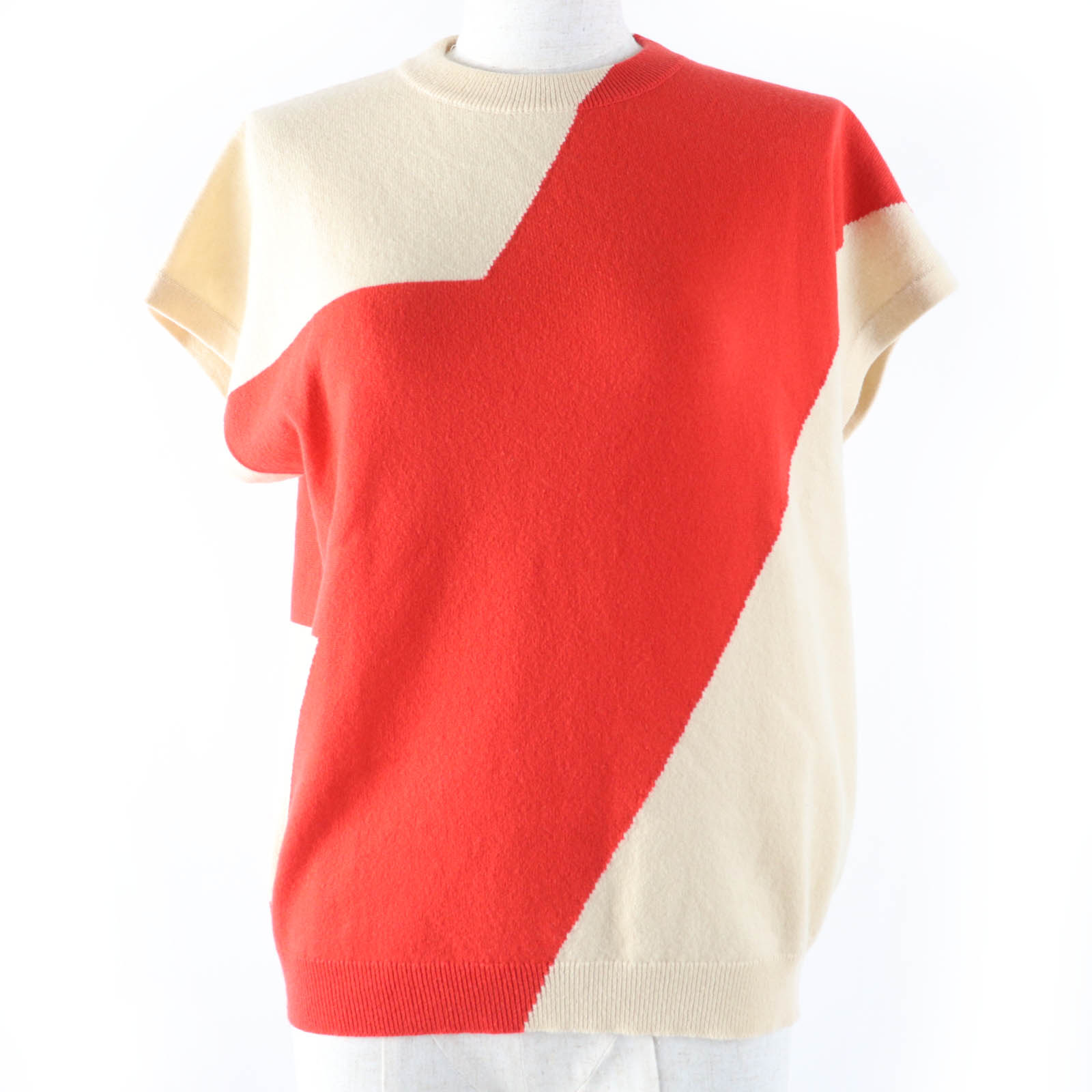 美品☆HERMES エルメス カシミヤ100％ フレンチスリーブ ニット トップス ベージュ レッド 36 イギリス製 レディース【中古】