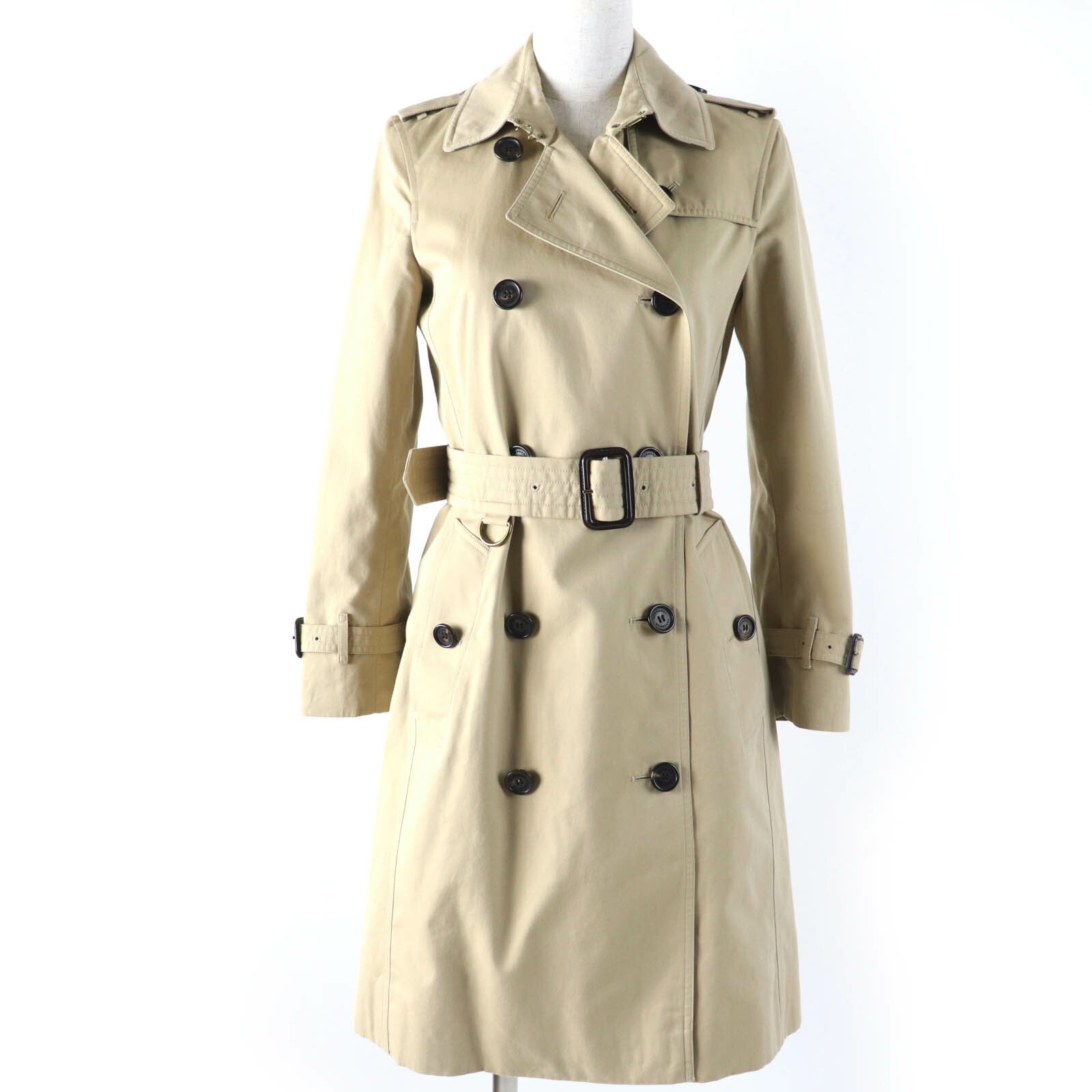 美品☆BURBERRY バーバリー ケンジントン コットン100％ 裏地ノバチェック柄 ロゴボタン トレンチコート ベージュ 36 国内正規品 レディース【中古】