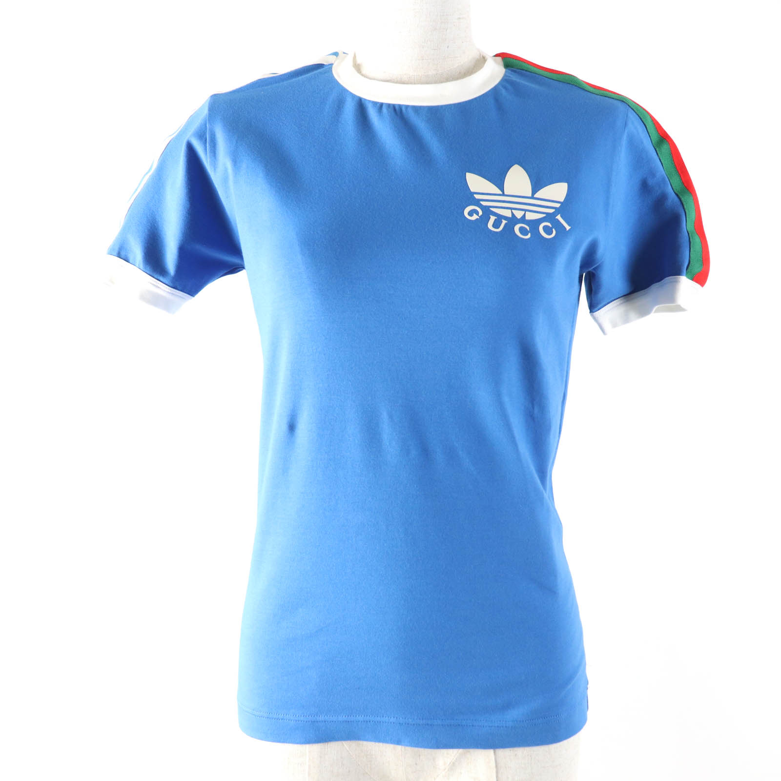 未使用品☆GUCCI×adidas グッチ×アディダス 691637 コットン トレフォイルプリント 半袖Tシャツ ブルー S イタリア製 正規品 レディース【中古】