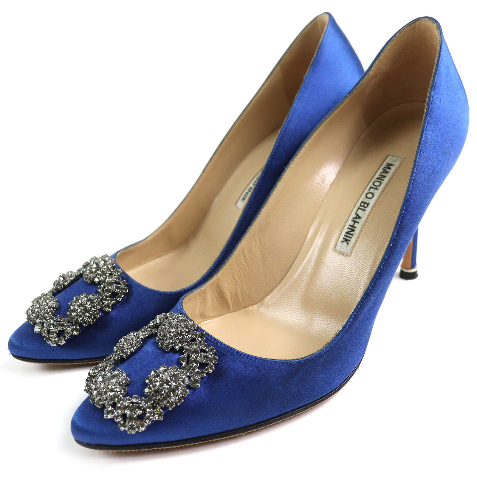 美品△MANOLO BLAHNIK マノロブラニク HANGISI ハンギシ ビジュー付き ポインテッドトゥ サテン パンプス ブルー 38 イタリア製 レディース 大人気 オススメ◎【中古】