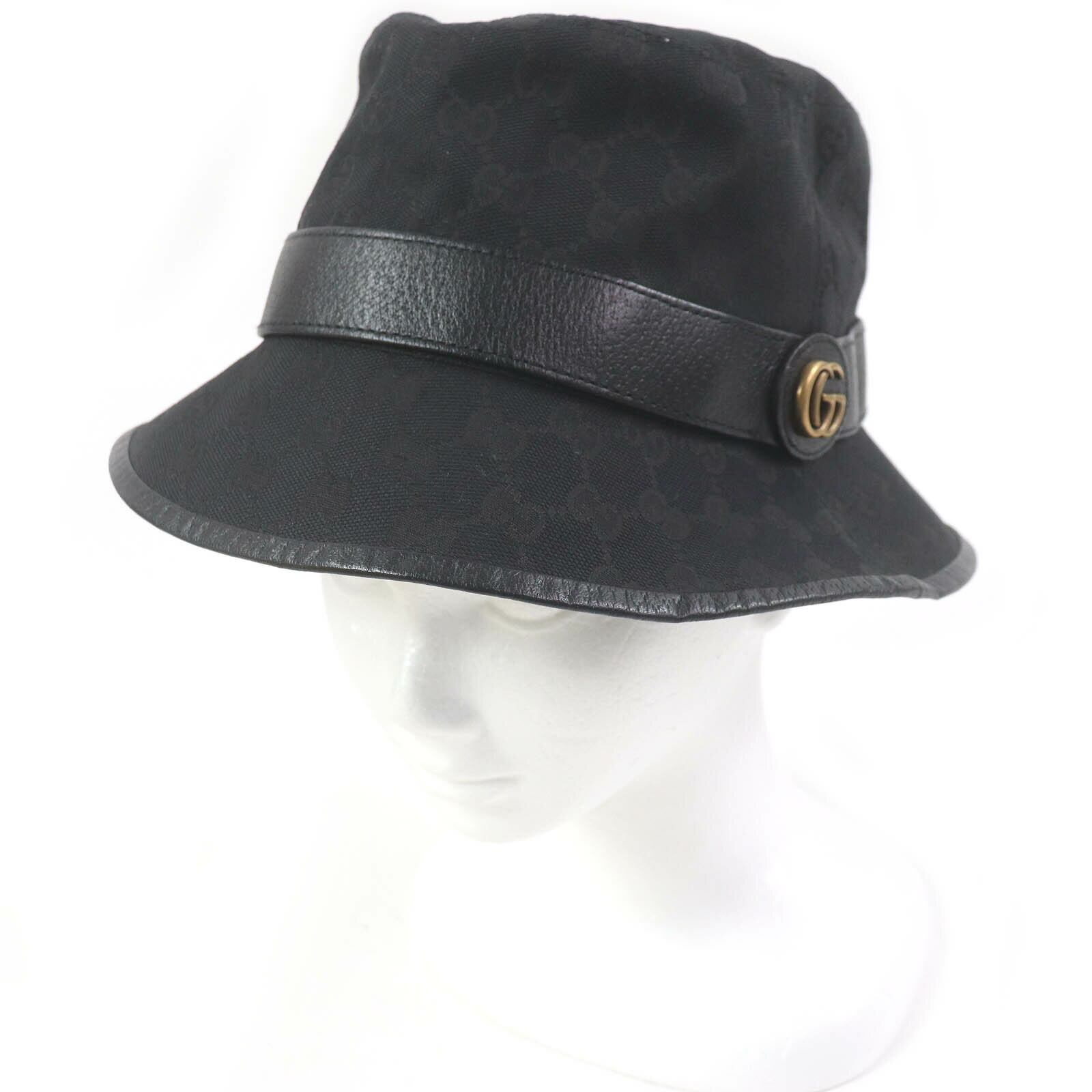 美品□GUCCI グッチ 576587 GGキャンバス レザーパイピング フェドラハット バケットハット ブラック M/58cm イタリア製 正規品 メンズ【中古】