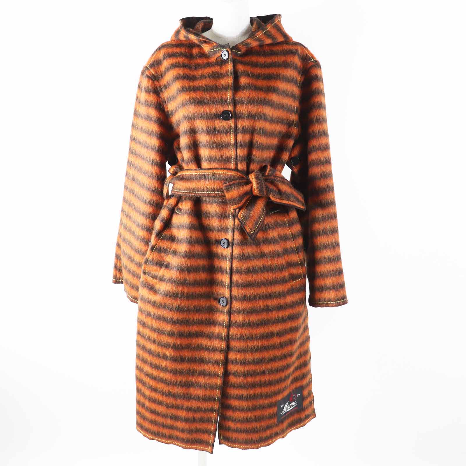 極美品◎MARNI マルニ 23AW CPMA0214C0 モヘア・アルパカ混 ベルテッド ロングコート ボーダー柄 オレンジ ブラック 38 イタリア製 正規品 レディース【中古】