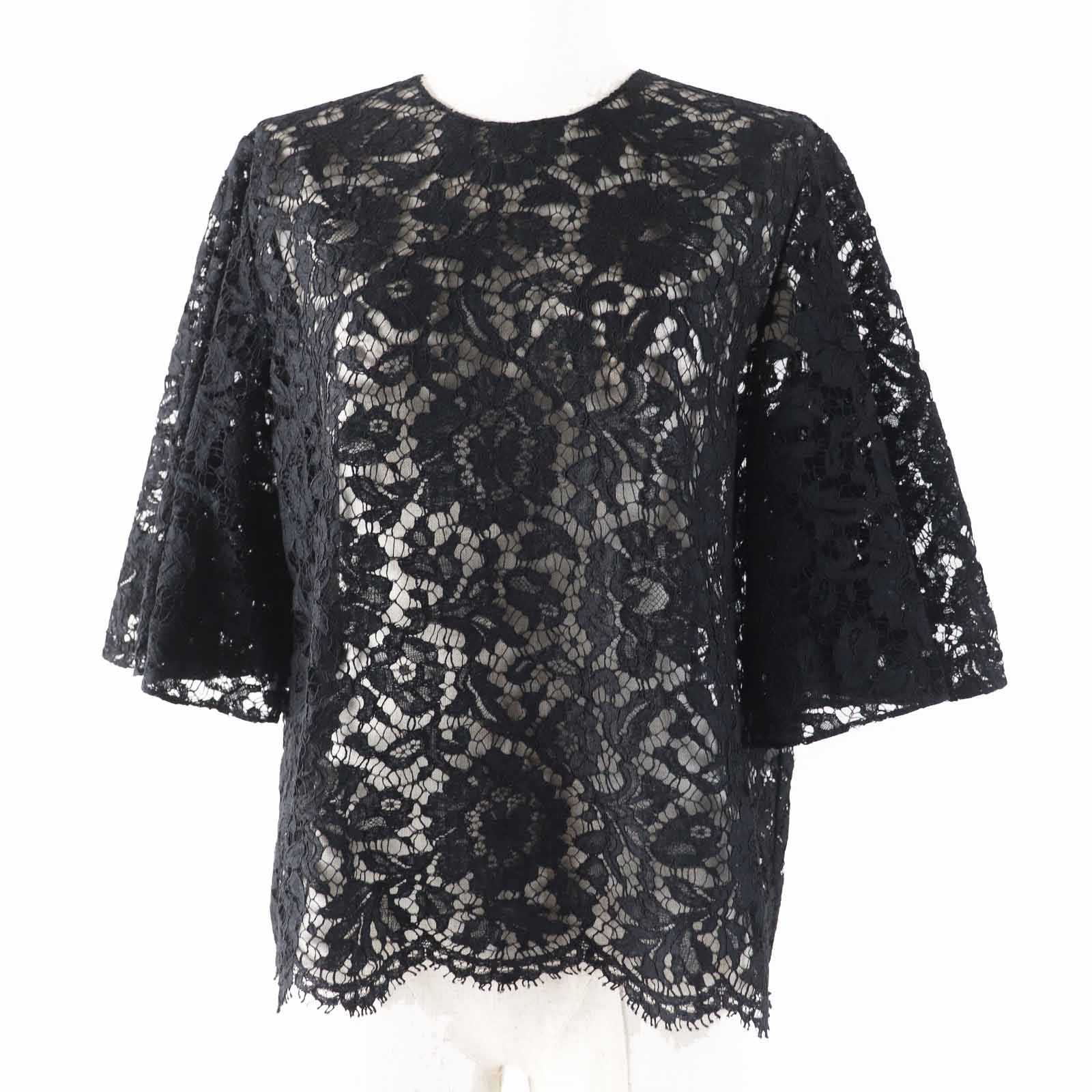 極美品◎VALENTINO ヴァレンティノ TB0AE0A91EC 総柄レース フレアスリーブ 七分袖 ブラウス ブラック 42 イタリア製 正規品 レディース【中古】