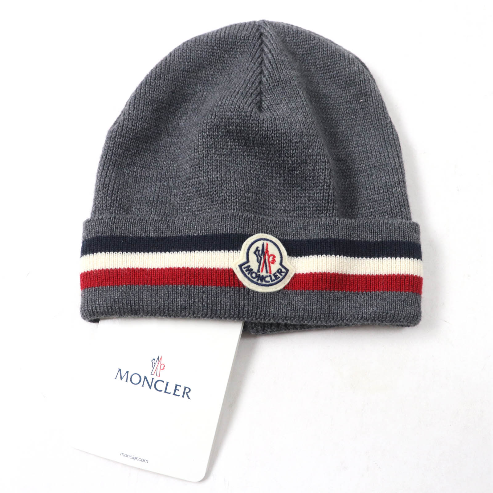 未使用品★MONCLER モンクレール BERRETTO ウール100％ ロゴワッペン付 ニットキャップ 帽子 グレー UNI イタリア製 正規品 ユニセックス【中古】
