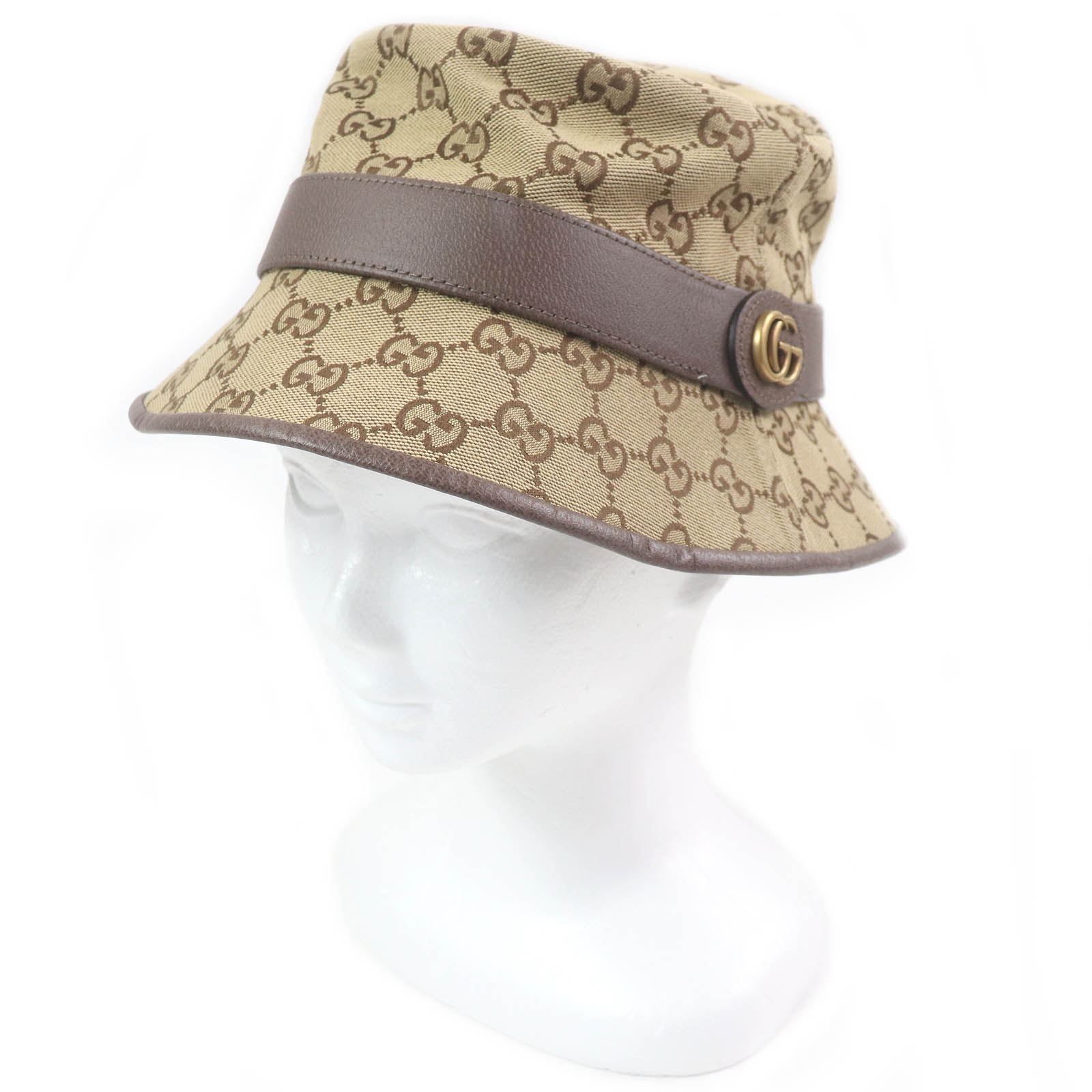 極美品□GUCCI グッチ 576587 GGキャンバス ロゴ金具 レザーパイピング バケットハット フェドラハット ベージュ S/57cm イタリア製 正規品 メンズ【中古】