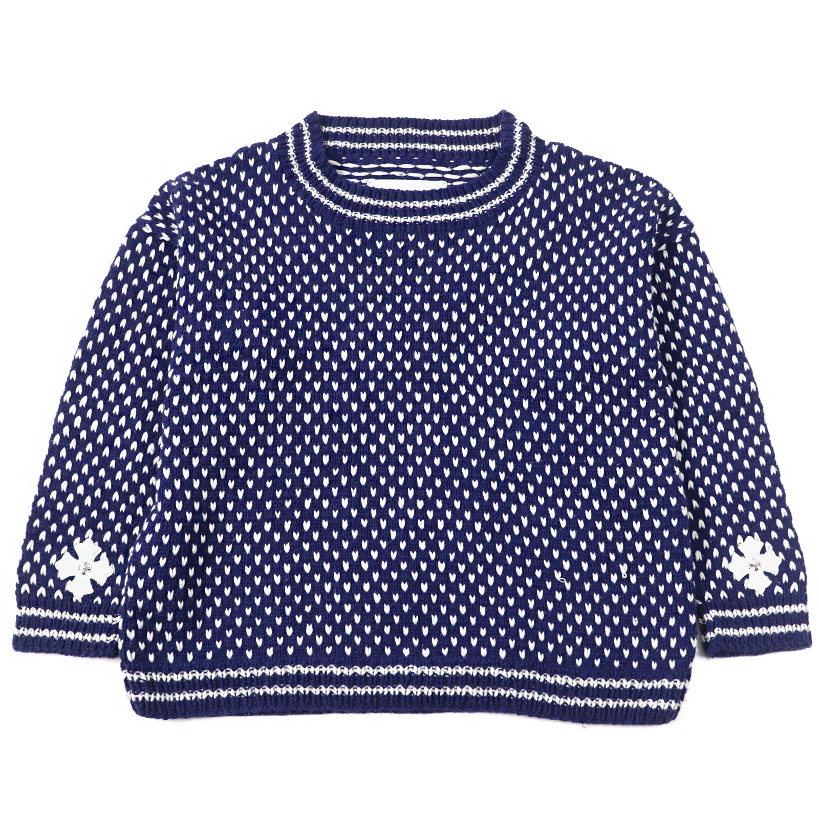 美品○CHROME HEARTS クロムハーツ 412178125 カシミヤ100％ 羊革使い 両袖CHプラスパッチ付き メタルロゴプレート ハート総柄 クルーネック ニット セーター ブルー ホワイト ONE SIZE 68-112(日本サイズL相当) USA製 国内正規品 メンズ【中古】