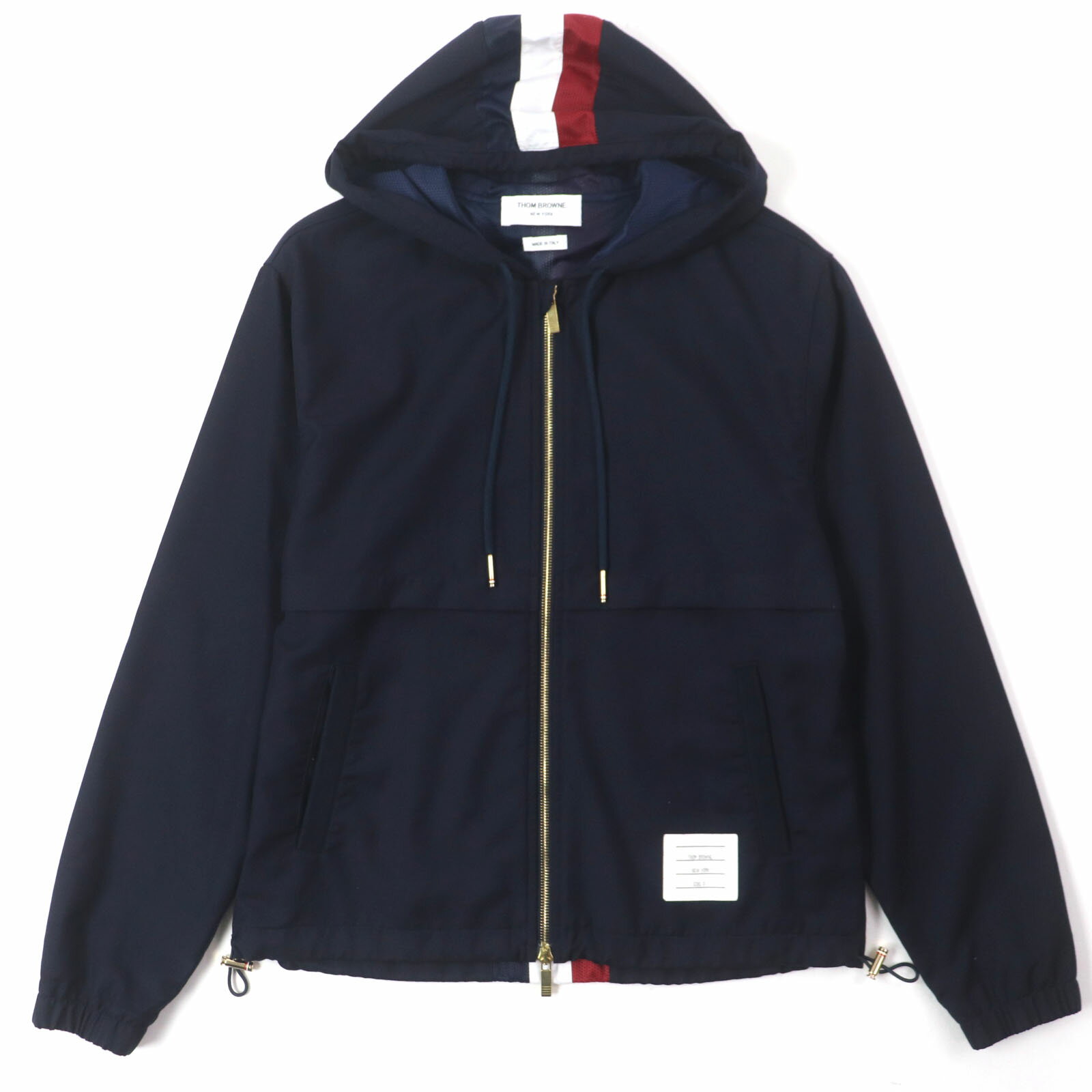 美品▼THOM BROWNE トムブラウン MJTD87A-02897415 ウール100% シグネチャーストライプ ジップアップ フーディ マウンテンパーカー ネイビー 0 イタリア製 正規品 メンズ【中古】