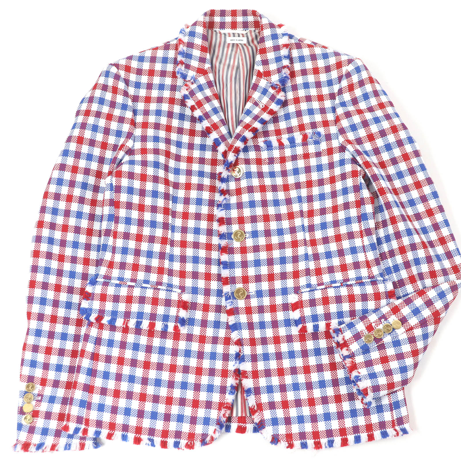 極美品□THOM BROWNE トムブラウン ギンガムチェック 錨ボタン フリンジデザイン シングル テーラードジャケット ブレザー レッド ブルー ホワイト 2 日本製 正規品 メンズ【中古】