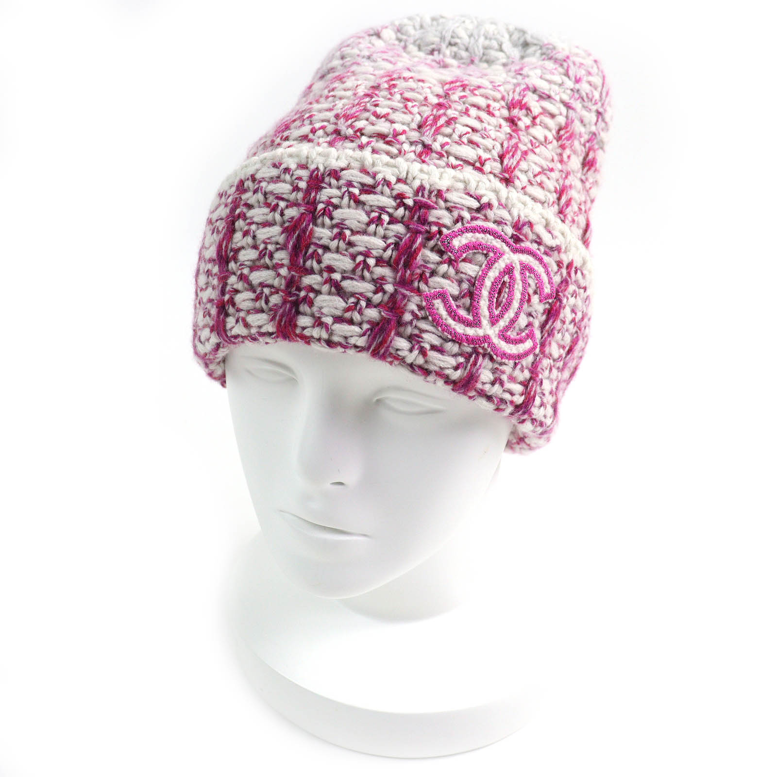 極美品△CHANEL シャネル 21B カシミヤ100％ ココマーク ビーニー ニット帽 ニットキャップ ピンク系 ホワイト 英国製 正規品 レディース 大人可愛い 大人気 オススメ◎【中古】