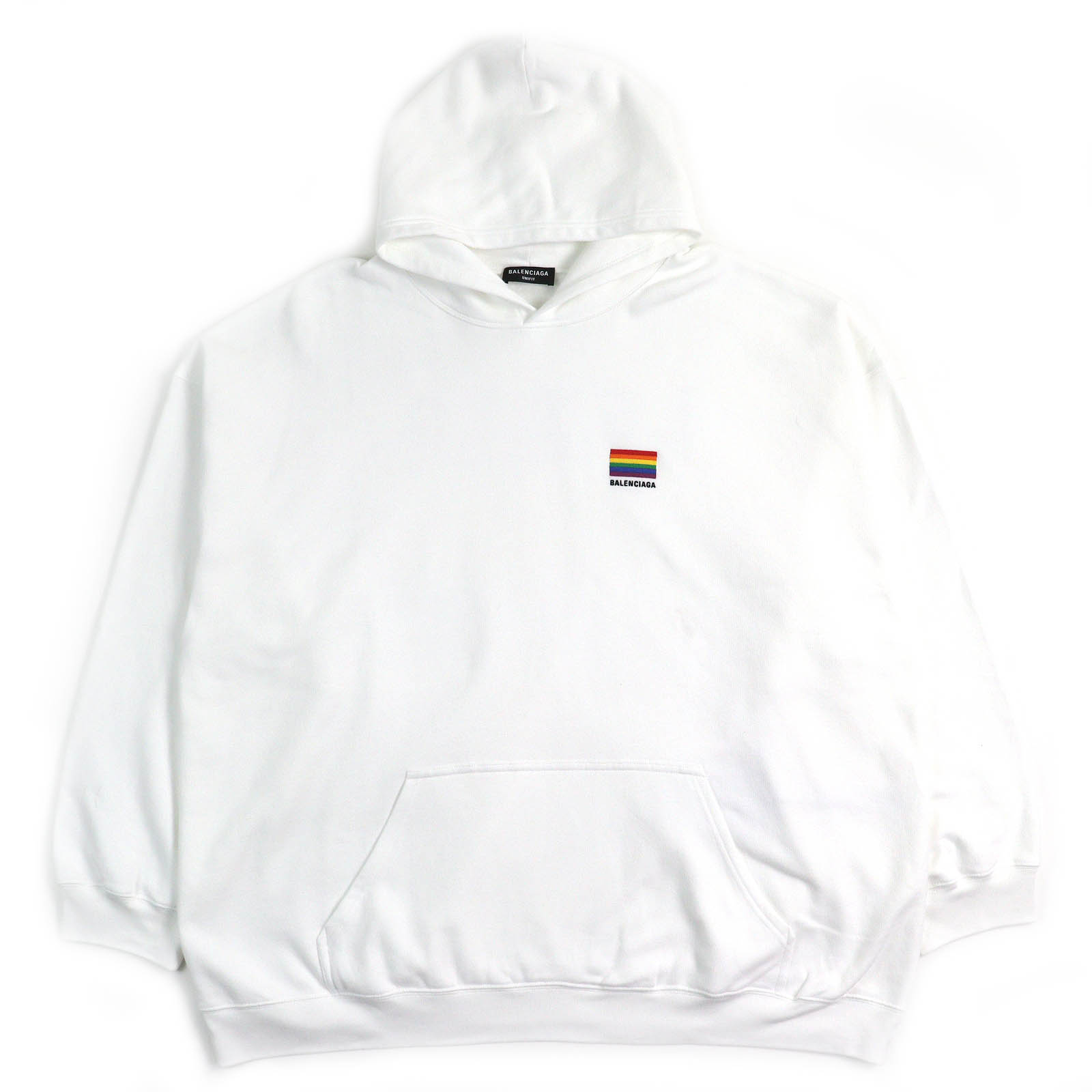 美品△BALENCIAGA バレンシアガ 21AW 651799 コットン100％ LGBTQロゴ レインボー刺繍 オーバーサイズ プルオーバー パーカー ホワイト L 正規品 メンズ【中古】