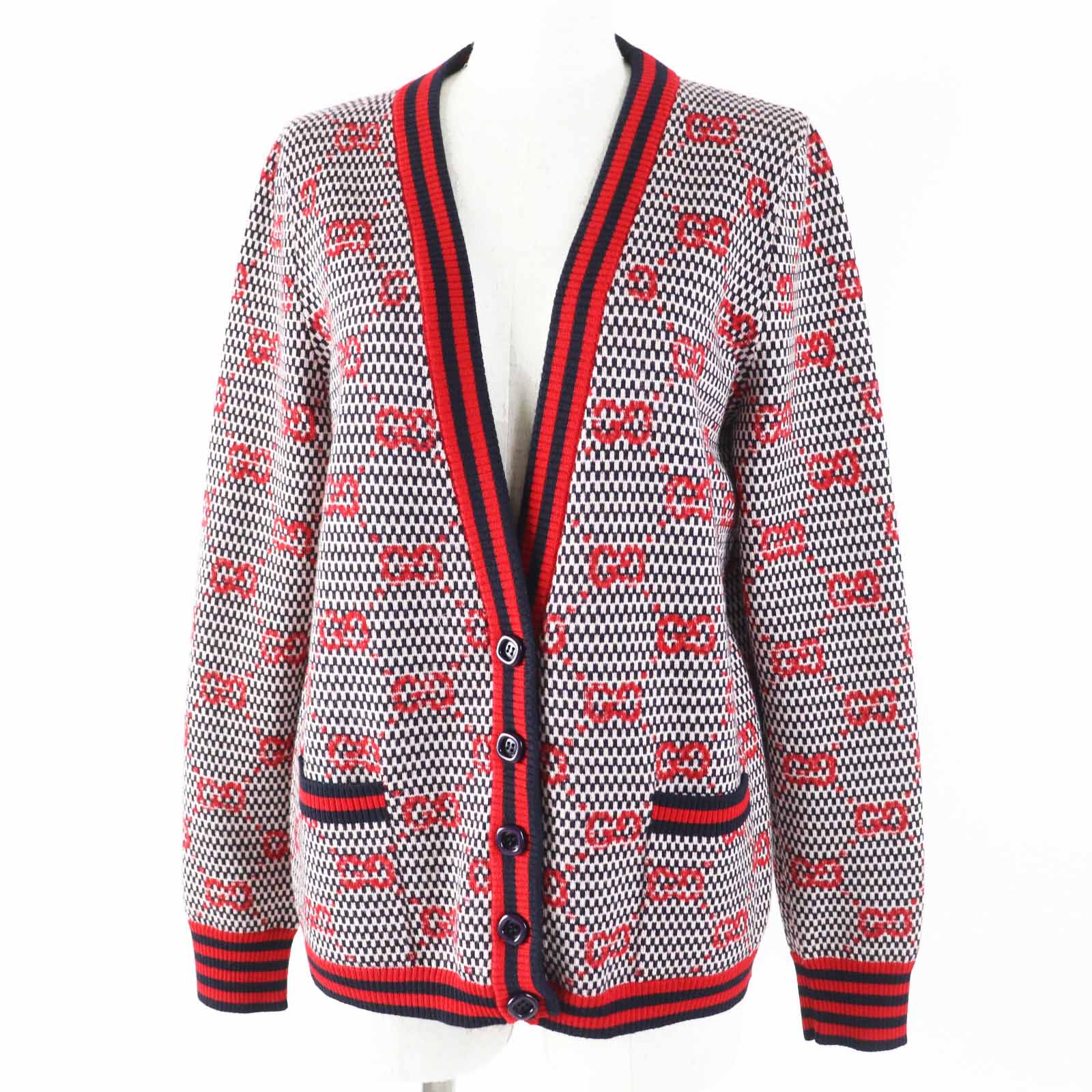 極美品◎GUCCI グッチ 644779 ウール100％ GGジャガード 長袖 ニット カーディガン レッド ネイビー M イタリア製 正規品 レディース【中古】