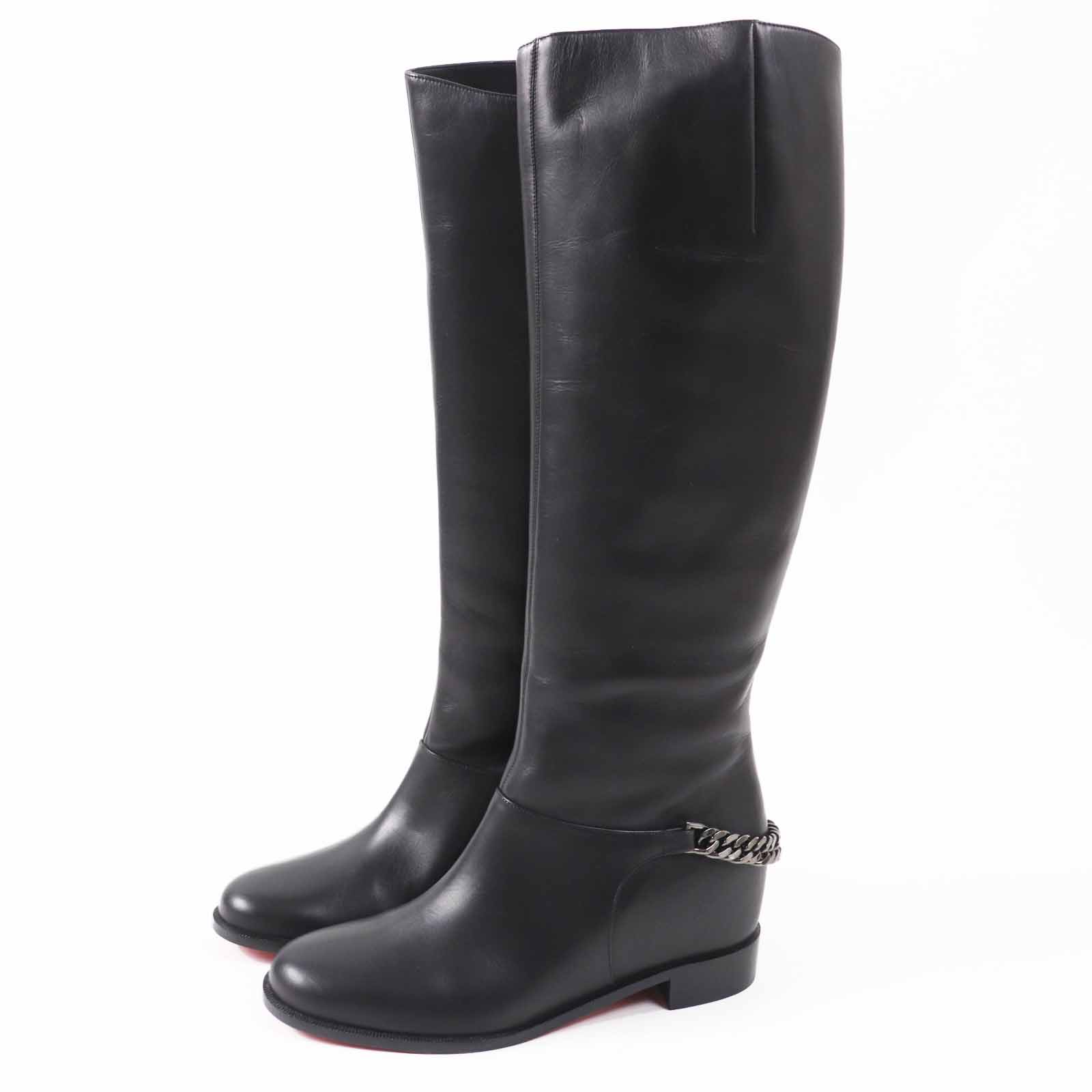極美品◎Christian Louboutin クリスチャンルブタン 3130073 CATE BOOT FLAT チェーン付き レザー ロングブーツ ブラック 37.5 箱・保存袋付き イタリア製 レディース【中古】