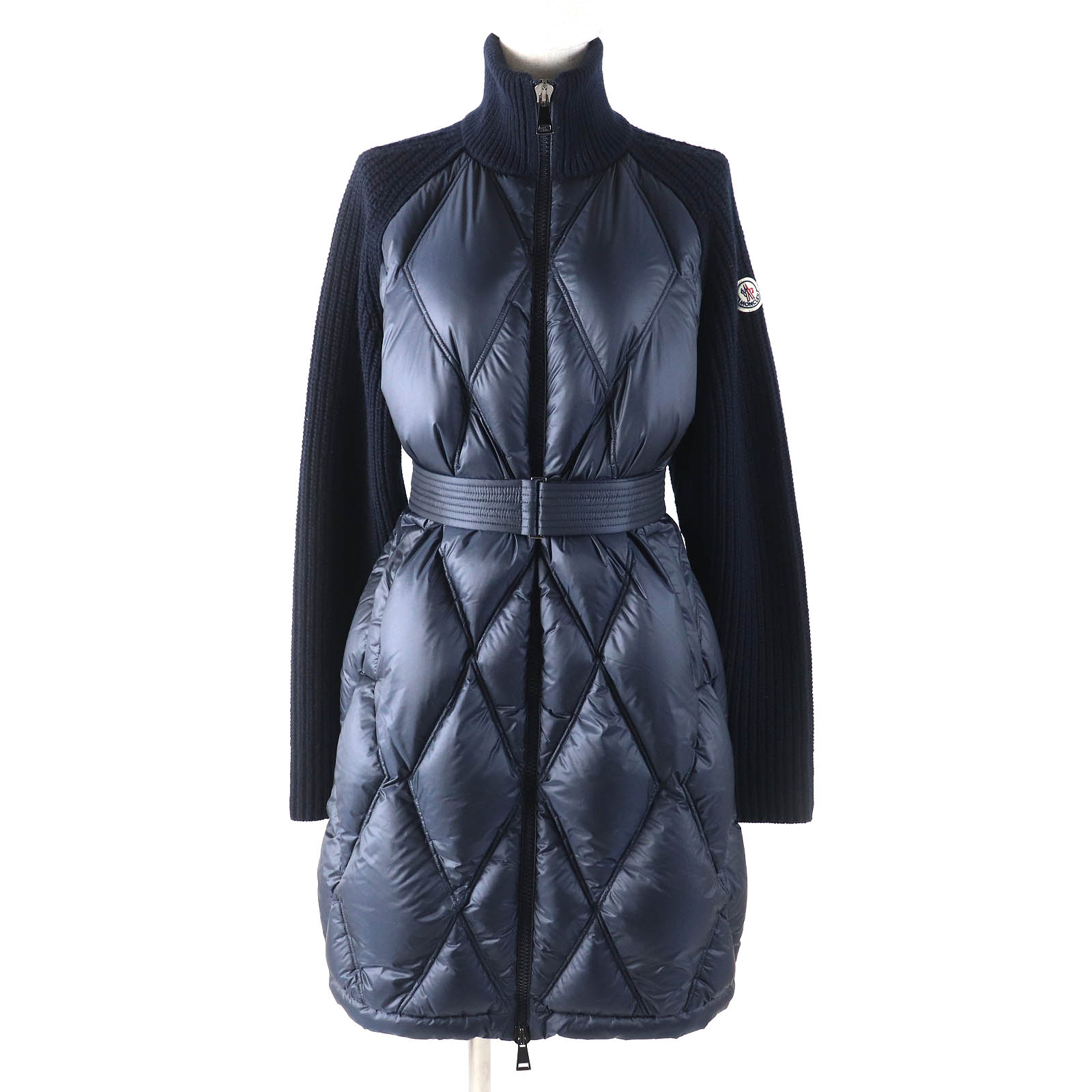 美品△MONCLER モンクレール 20-21AW CARDIGAN TRICOT カーディガン ウール カシミヤ ロゴワッペン ベルト付き ニット切替 ダウンコート ネイビー XS 正規品 レディース オススメ◎【中古】
