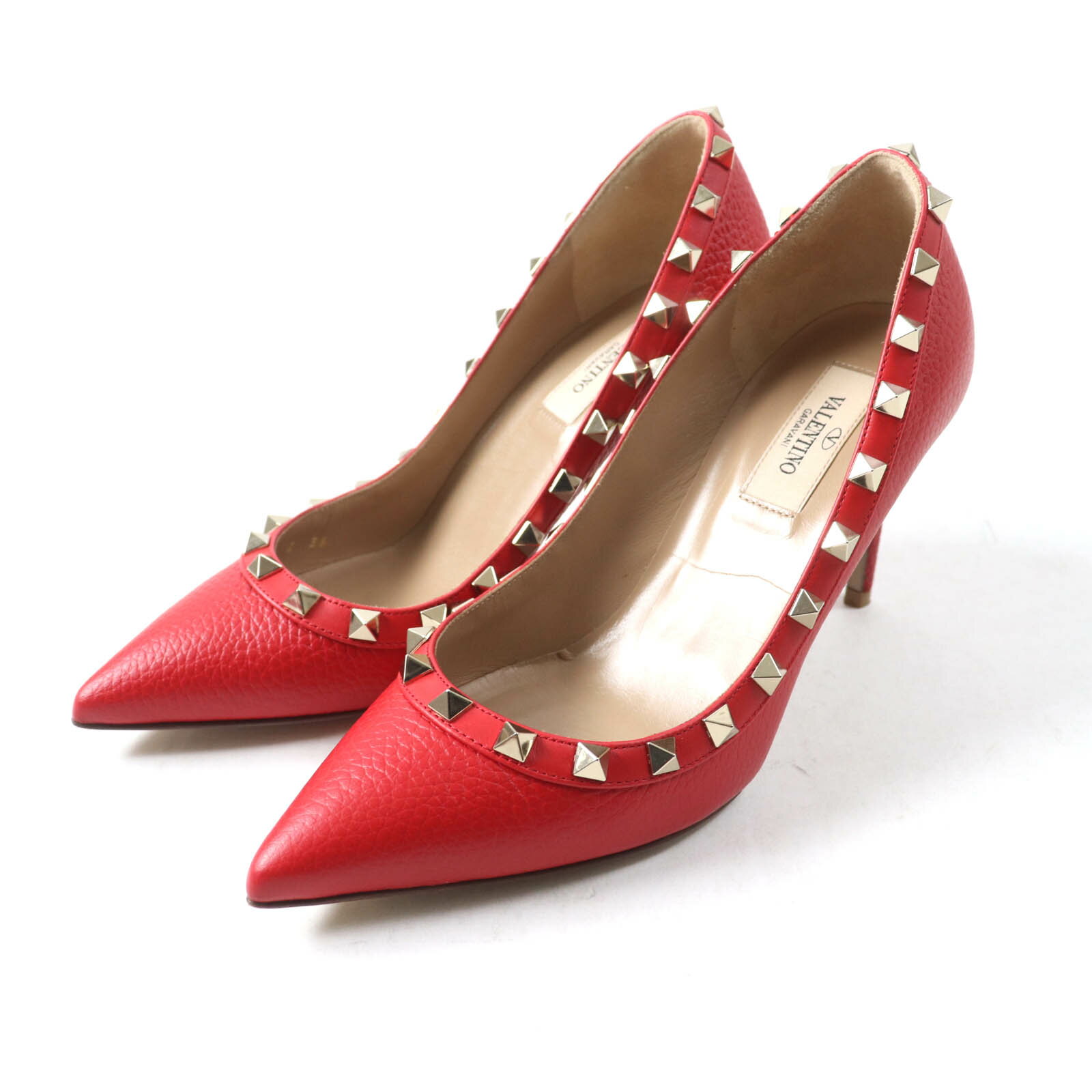 美品★Valentino Garavani ヴァレンティノガラヴァーニ ロックスタッズ付 ポインテッドトゥ レザー パンプス レッド ゴールド金具 36 箱・保存袋付き イタリア製 レディース【中古】