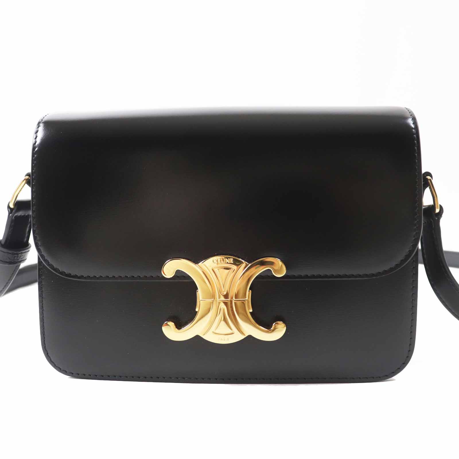 極美品◎CELINE セリーヌ 18842 ティーン トリオンフ シャイニーカーフスキン ショルダーバッグ ブラック ゴールド金具 保存袋付き レディース【中古】