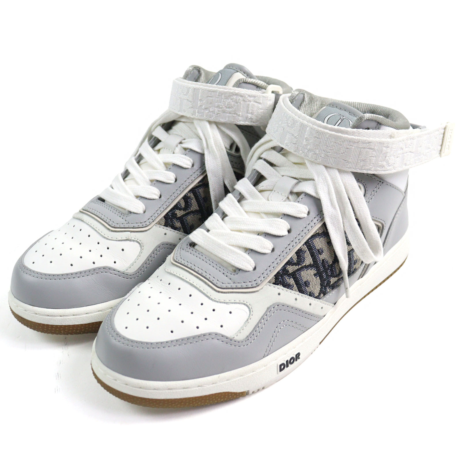 美品○DIOR ディオール オム 3SH132ZIR B27 LT CALF OBLIQUE JAC オブリーク CDロゴ ジャカード ベルクロ レースアップ レザー ミッドカット スニーカー グレー ホワイト 39 イタリア製 メンズ【中古】