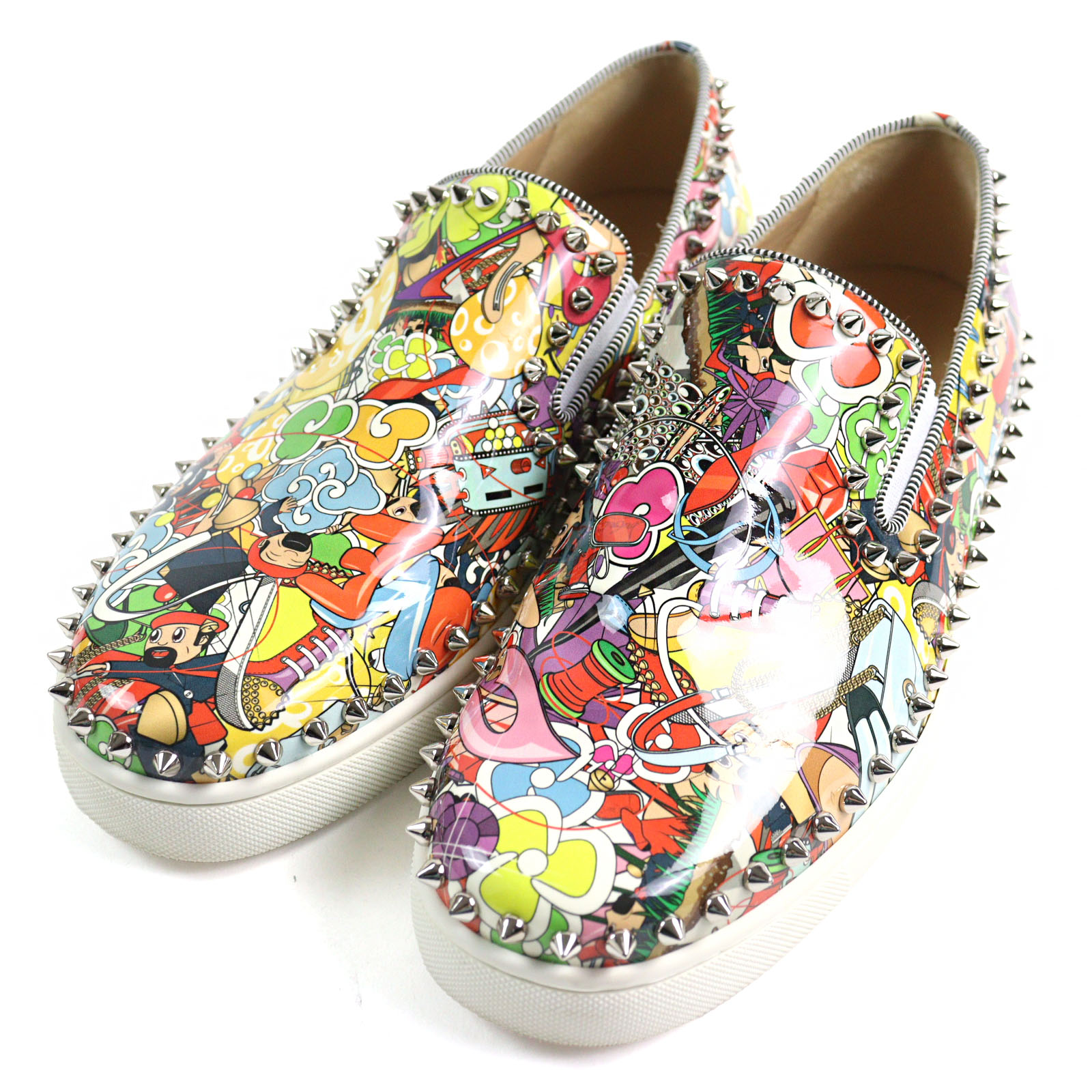 美品○Christian Louboutin クリスチャンルブタン Pik Boat Flat ピックボートフラット スパイクスタッズ付き エナメル スニーカー スリッポン マルチカラー 総柄 41.5 イタリア製 メンズ【中古】