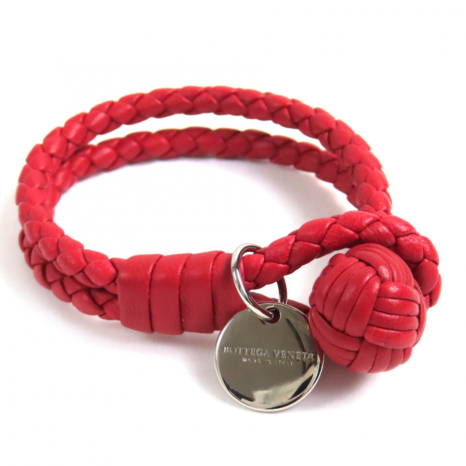 極美品△BOTTEGAVENETA ボッテガヴェネタ ロゴチャーム付き イントレチャート レザー ブレスレット レッド シルバー金具 イタリア製 レディース【中古】