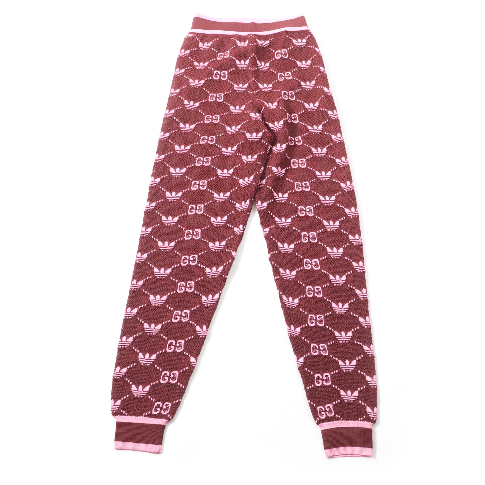 極美品★GUCCI×adidas グッチ×アディダス 693830 GG トレフォイル ウールジャガードジョガーパンツ ボルドー ピンク S イタリア製 正規品 レディース【中古】