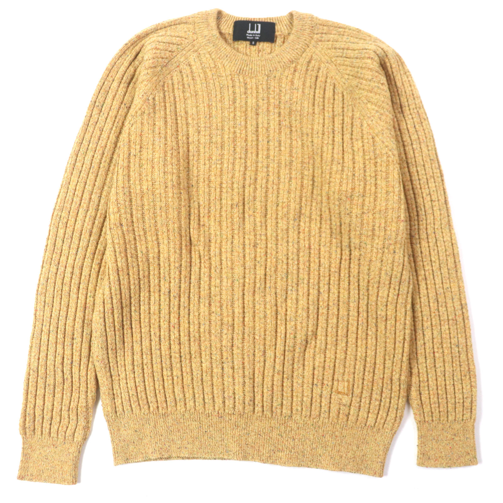 極美品▼Dunhill ダンヒル ウール シルク ロゴ刺繍 クルーネック ケーブルニット セーター イエロー S イタリア製 正規品 メンズ【中古】