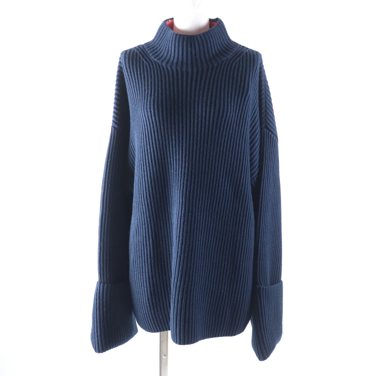 未使用品★BURBERRY バーバリー 8039172 カシミヤ混 リブ編み ハイネック 長袖 セーター ニット トップス ネイビー L 正規品 レディース【中古】
