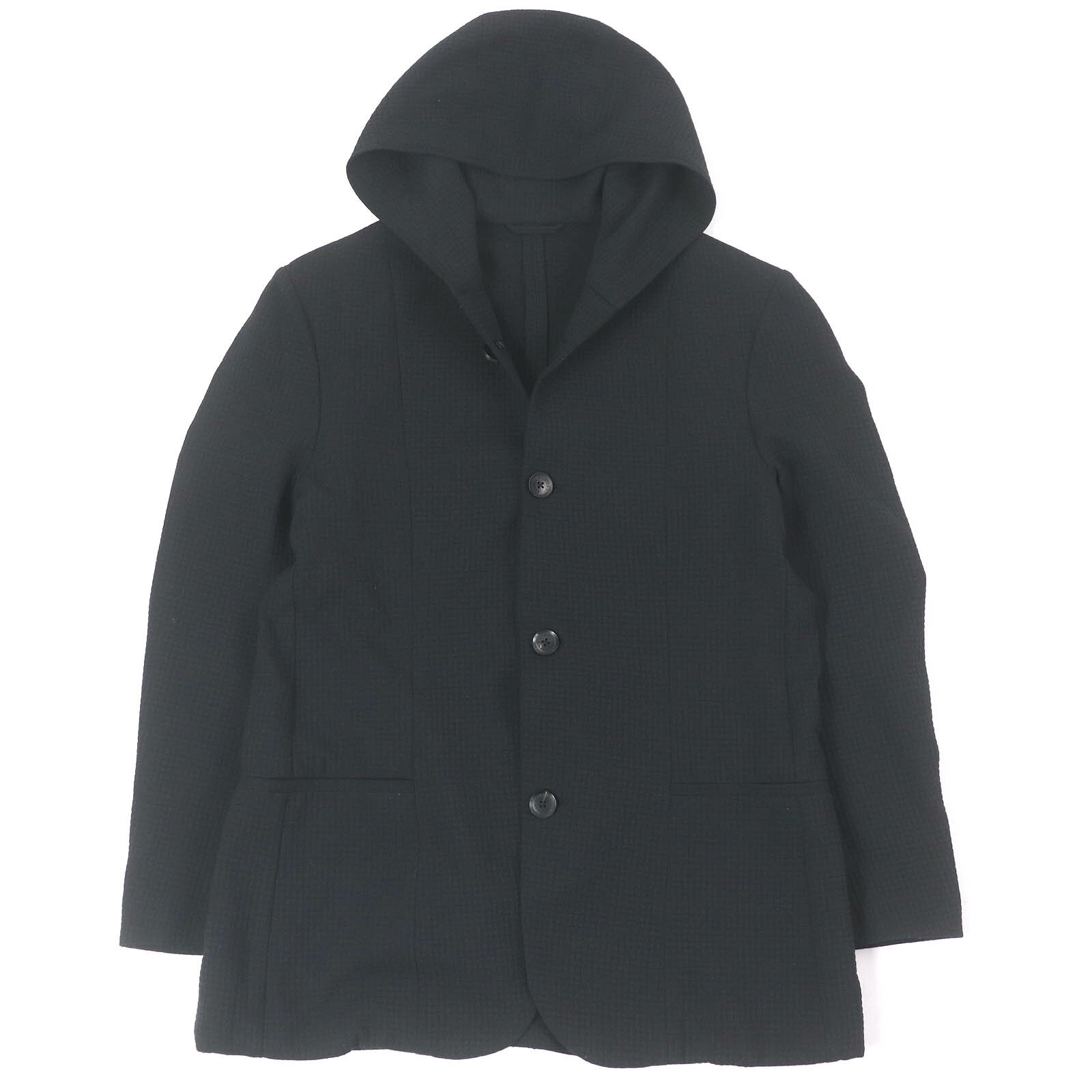 極美品□EMPORIO ARMANI エンポリオ アルマーニ 黒タグ サッカー地 フーデッド ブルゾンジャケット ブラック 54/M～L相当 正規品 メンズ【中古】