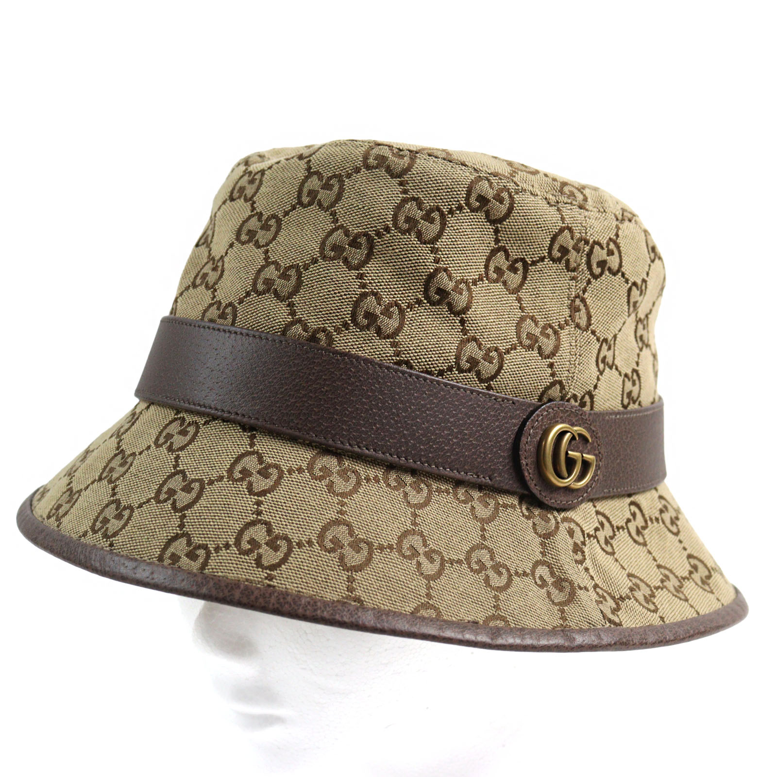 極美品○GUCCI グッチ 576587 GGキャンバス フェドラハット GGマーモント レザートリム バケットハット ベージュ ブラウン L 59cm 保存袋付き イタリア製 正規品 メンズ【中古】