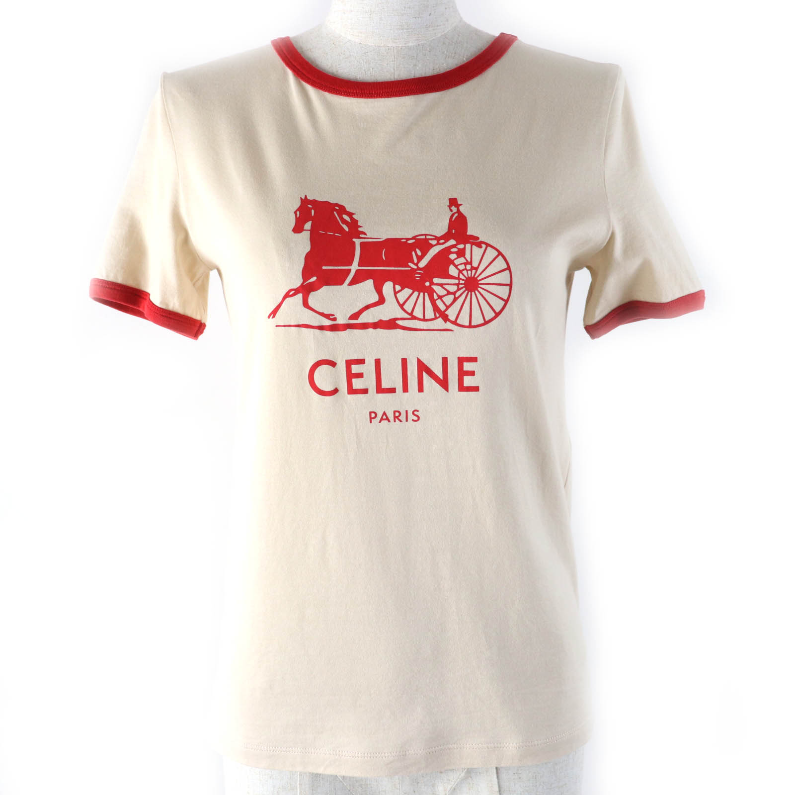 美品△CELINE セリーヌ 22SS 2X575671Q コットン100％ サルキープリント 半袖Tシャツ ベージュ レッド XS イタリア製 正規品 レディース【中古】
