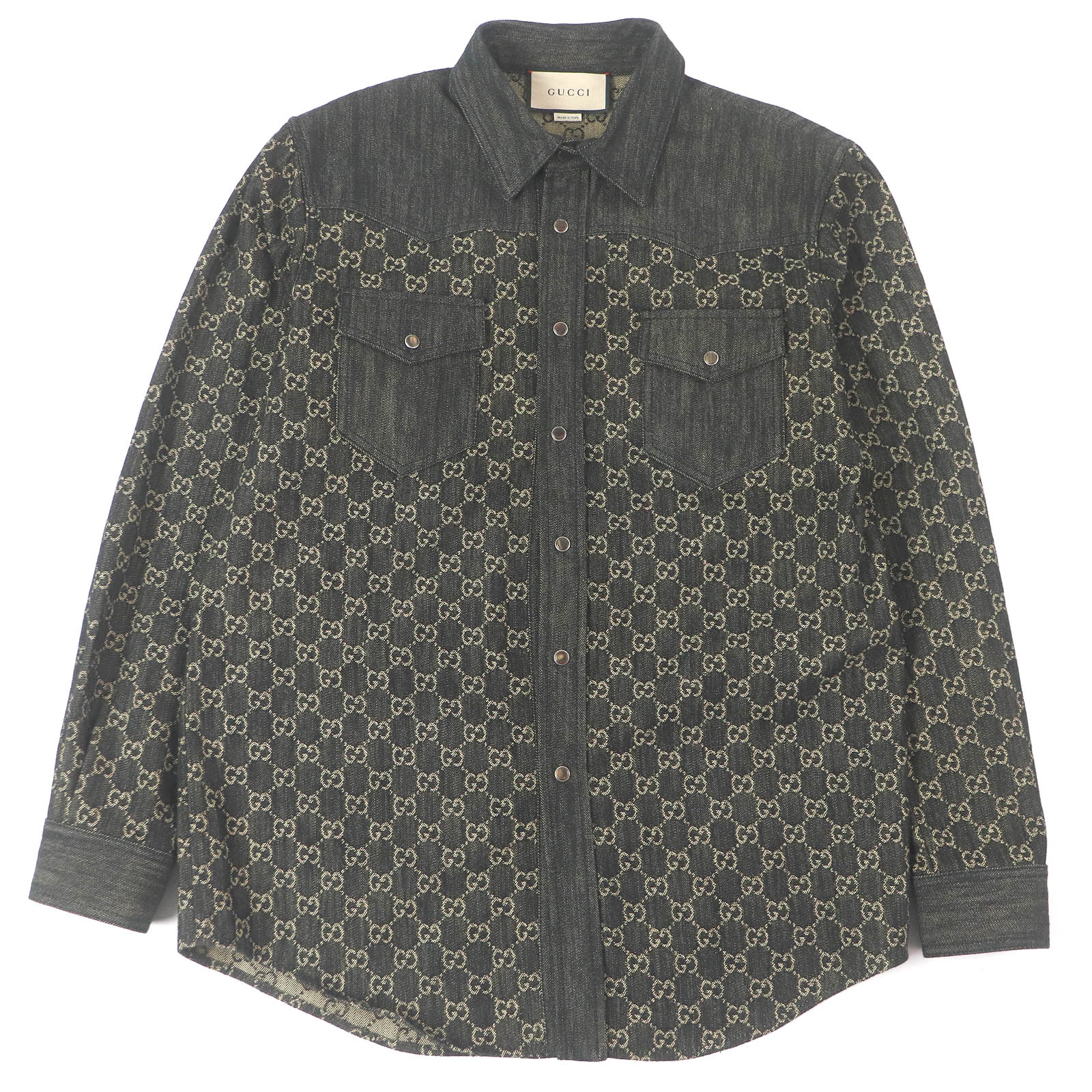 極美品□GUCCI グッチ 669613 コットン100％ GGジャガード 総柄 ウエスタンシャツ 長袖 デニムシャツ ブラック 48 イタリア製 正規品 メンズ【中古】