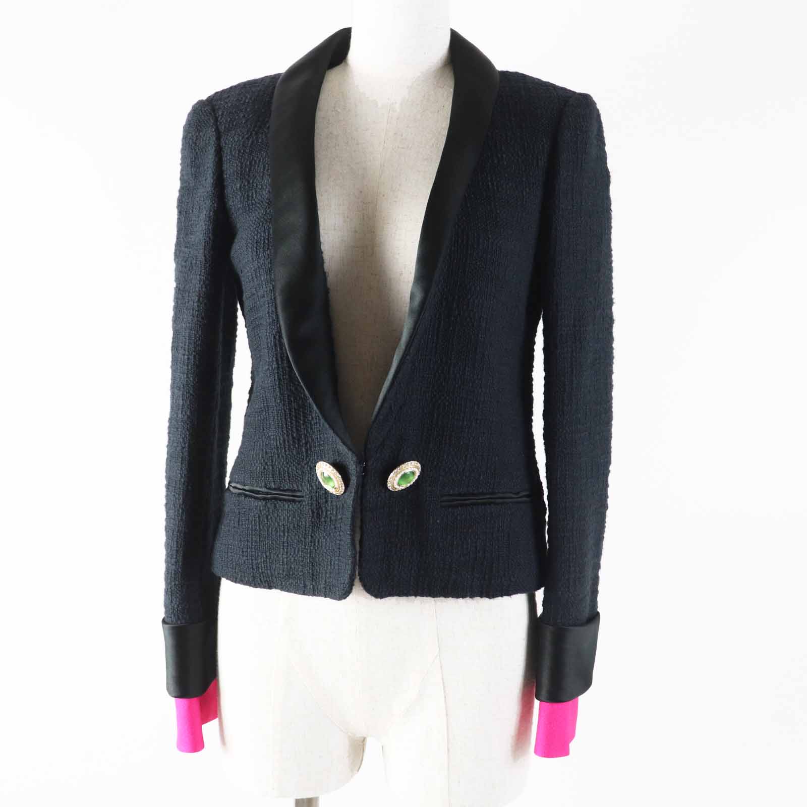 極美品◎CHANEL シャネル 12A P43994 シルク使い グリポアボタン ショールカラー 単色 ツイードジャケット ブラック ローズ 36 フランス製 正規品 レディース【中古】