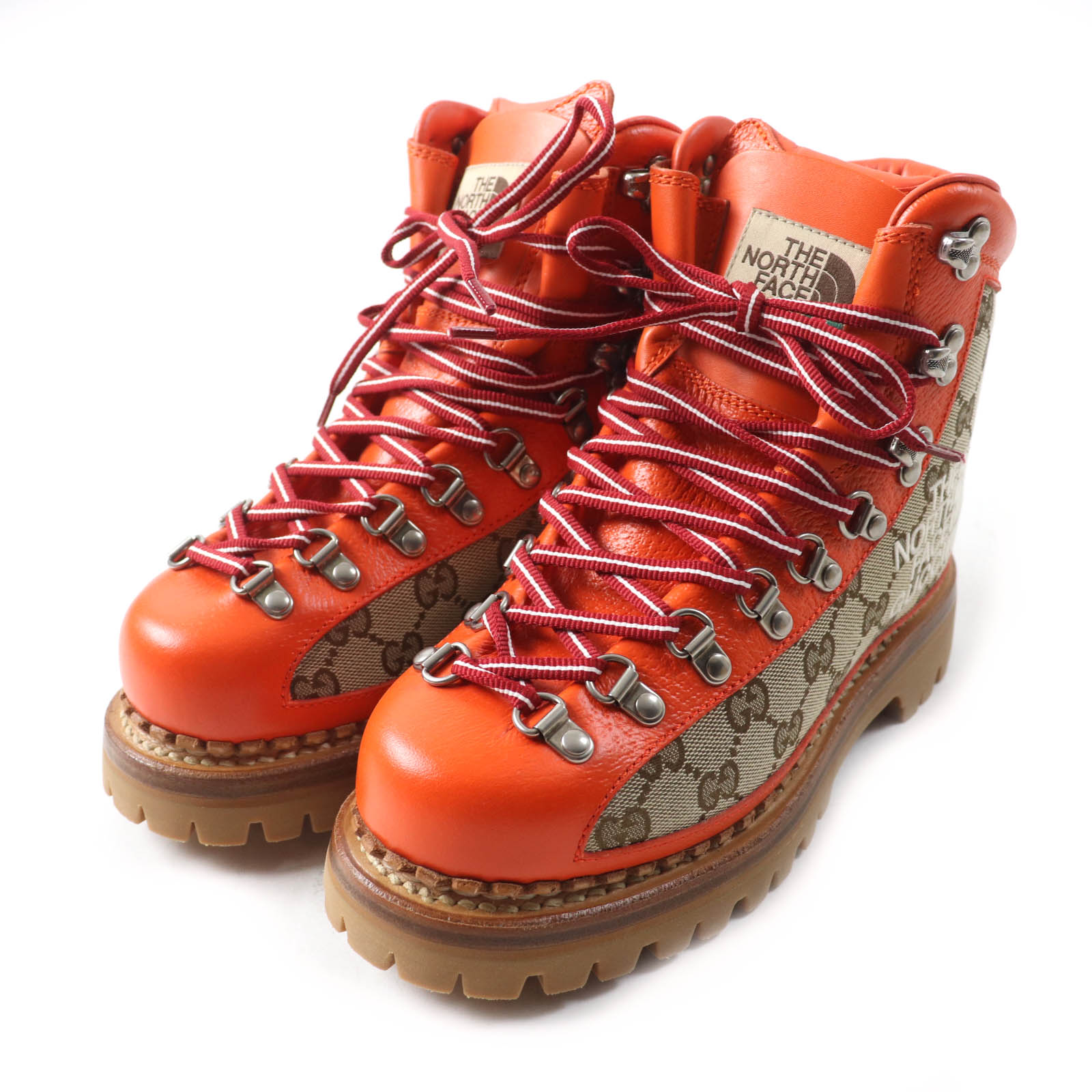 未使用品★GUCCI×THE NORTH FACE グッチ×ザ・ノースフェイス 679927 GGキャンバス レザー トレッキングブーツ オレンジ ブラウン 37.5 箱・保存袋付き イタリア製 レディース【中古】