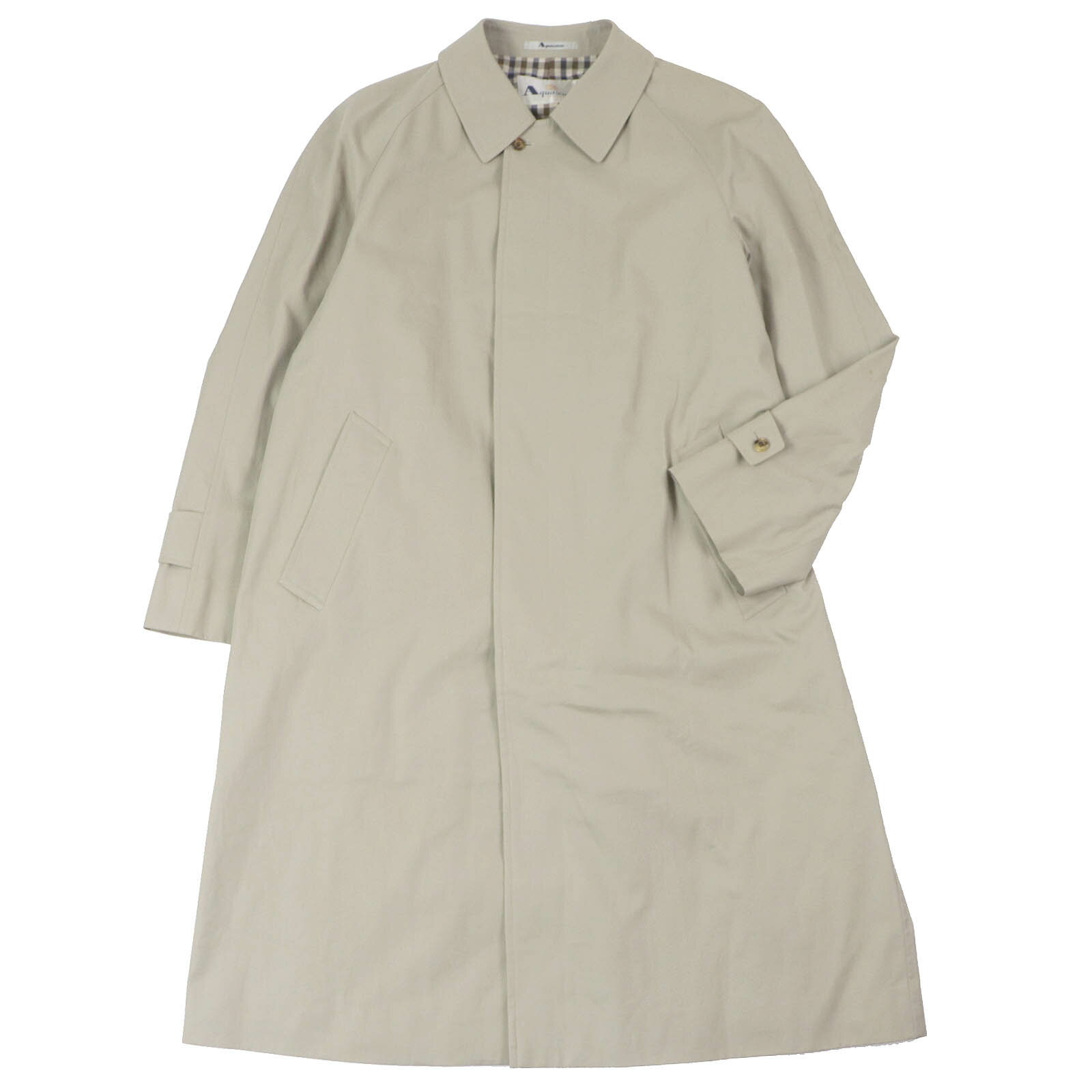 良品□Aquascutum LONDON アクアスキュータムロンドン コットン100％ 裏チェック柄 フライフロント ステンカラーコート ベージュ 40 日本製 正規品 メンズ【中古】