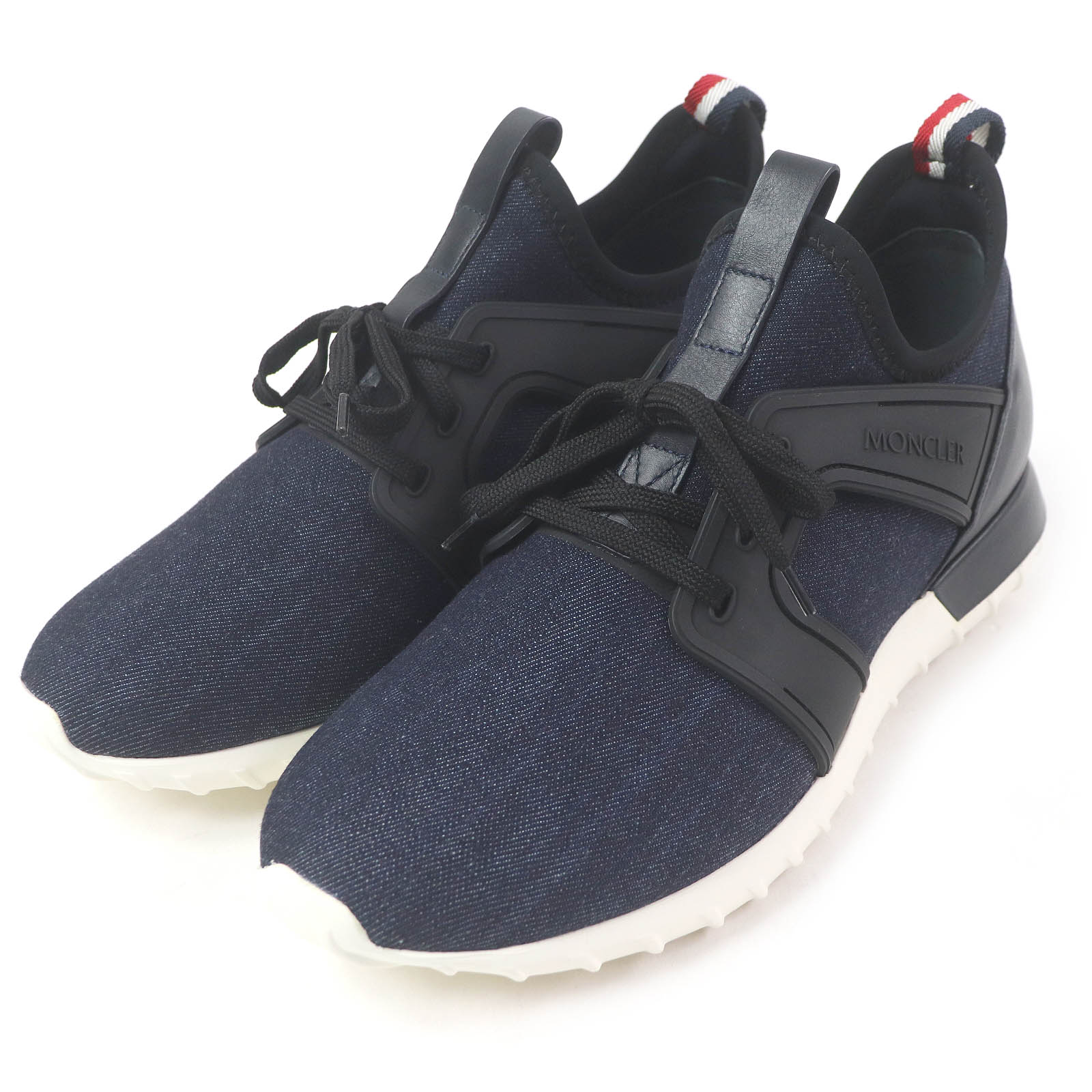 未使用品□MONCLER モンクレール EMILIEN エミリアン ロゴワッペン トリコロール デニム レザー ローカットスニーカー インディゴブルー 41 箱・保存袋付き イタリア製 メンズ 軽量【中古】