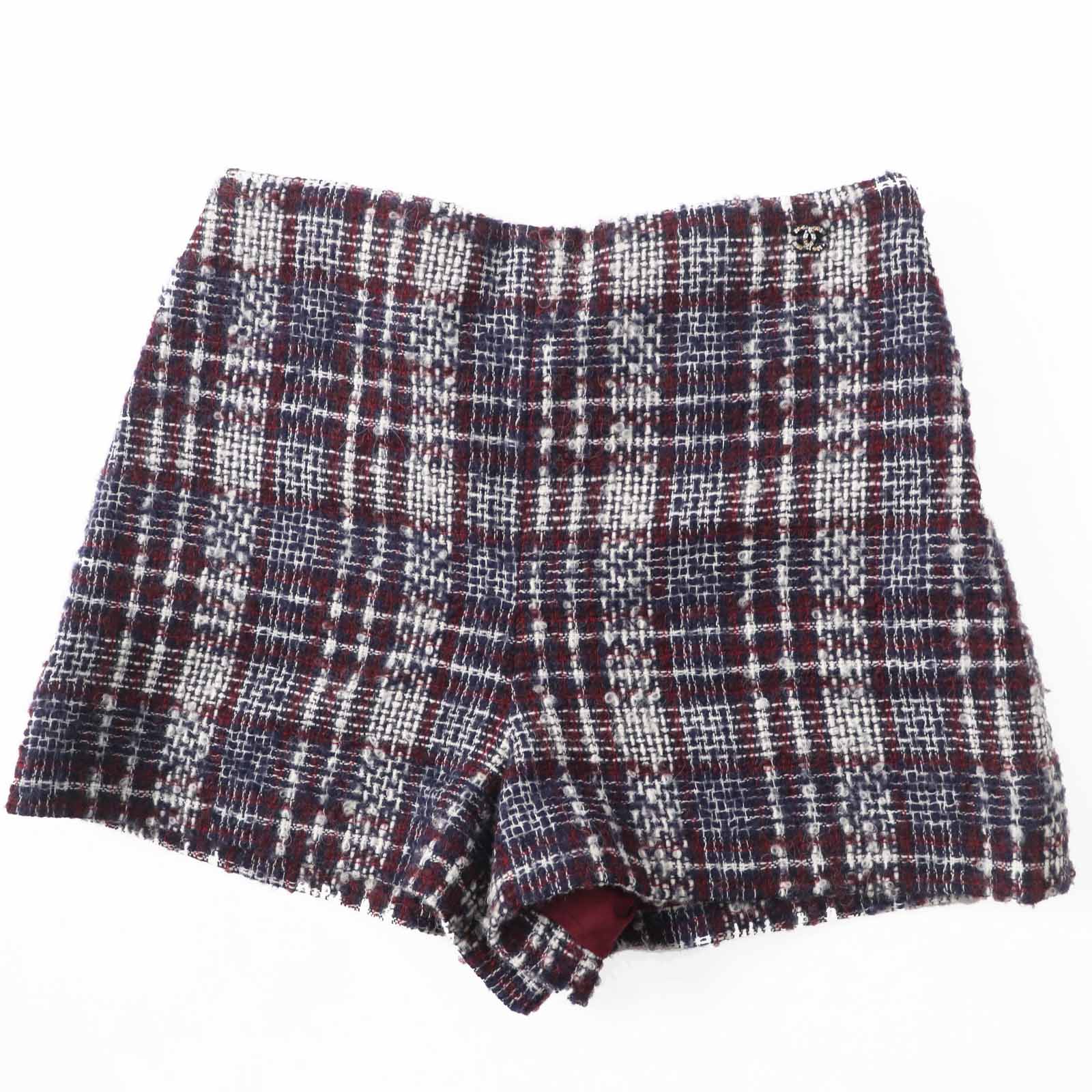 極美品◎CHANEL シャネル 22AW P73601 ラインストーンココマーク付き ツイード ショートパンツ ネイビー ボルドー ホワイト 36 フランス製 正規品 レディース【中古】