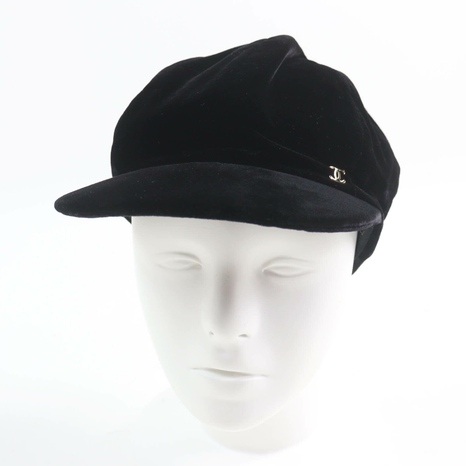 美品★CHANEL シャネル 21AW シルク混 ココマーク金具付 ベロア キャスケット 帽子 ブラック M イタリア製 正規品 レディース【中古】