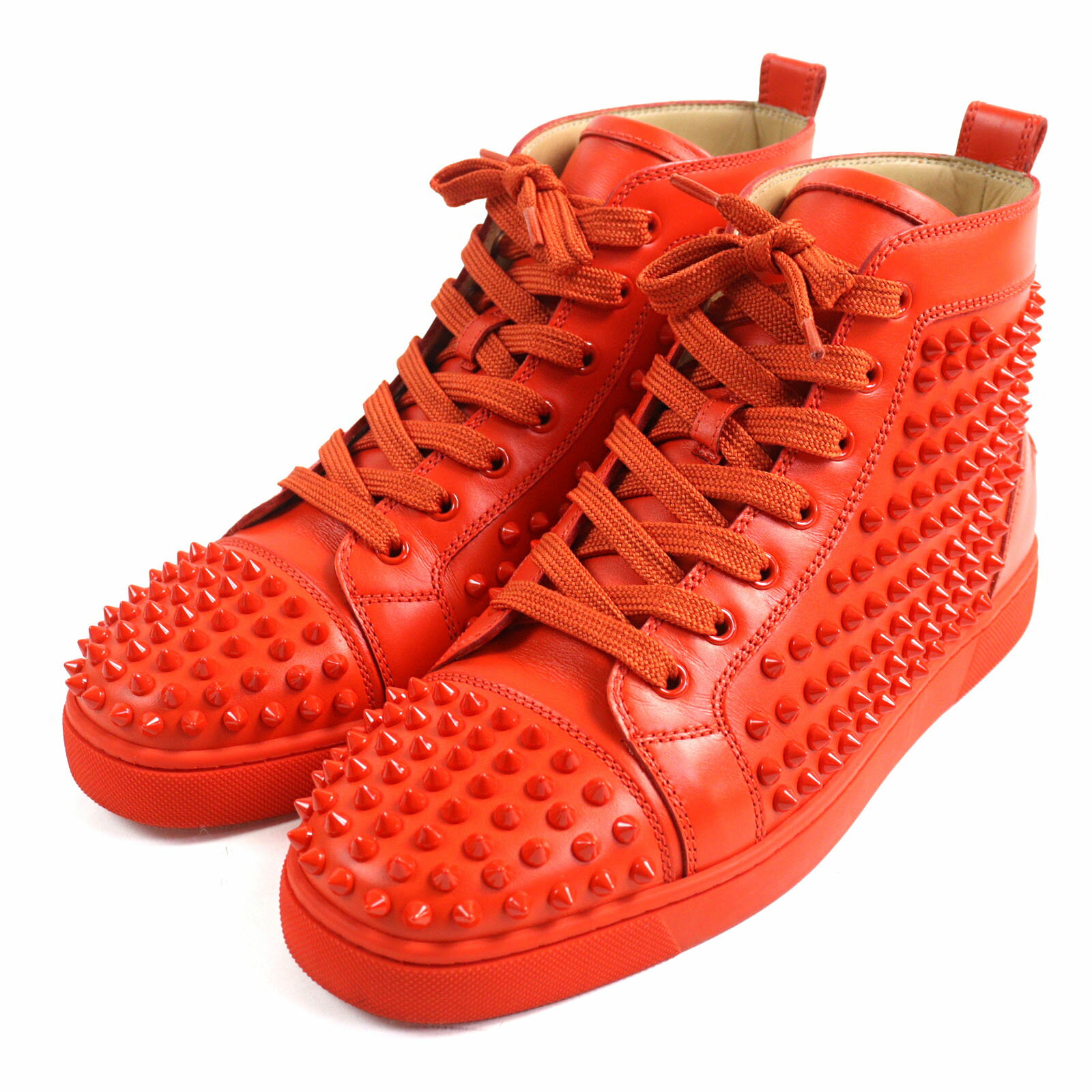 【ドンドン見直し】極美品○Christian Louboutin クリスチャンルブタン Louis Spikes スパイクスタッズ ロゴワッペン付き レースアップ レザー ハイカットスニーカー レッド 42 箱・保存袋付き メンズ【中古】